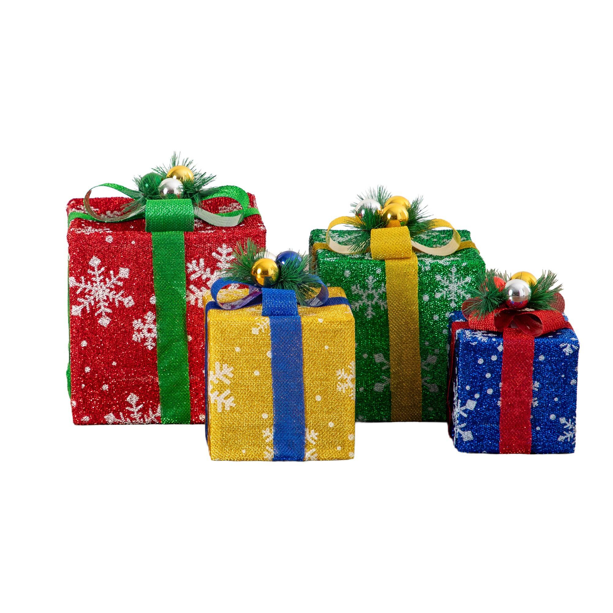 Nearly Natural Pre-Lit Christmas Multicolor Gift Boxes with LED Lights & Festive Gift Toppers Set