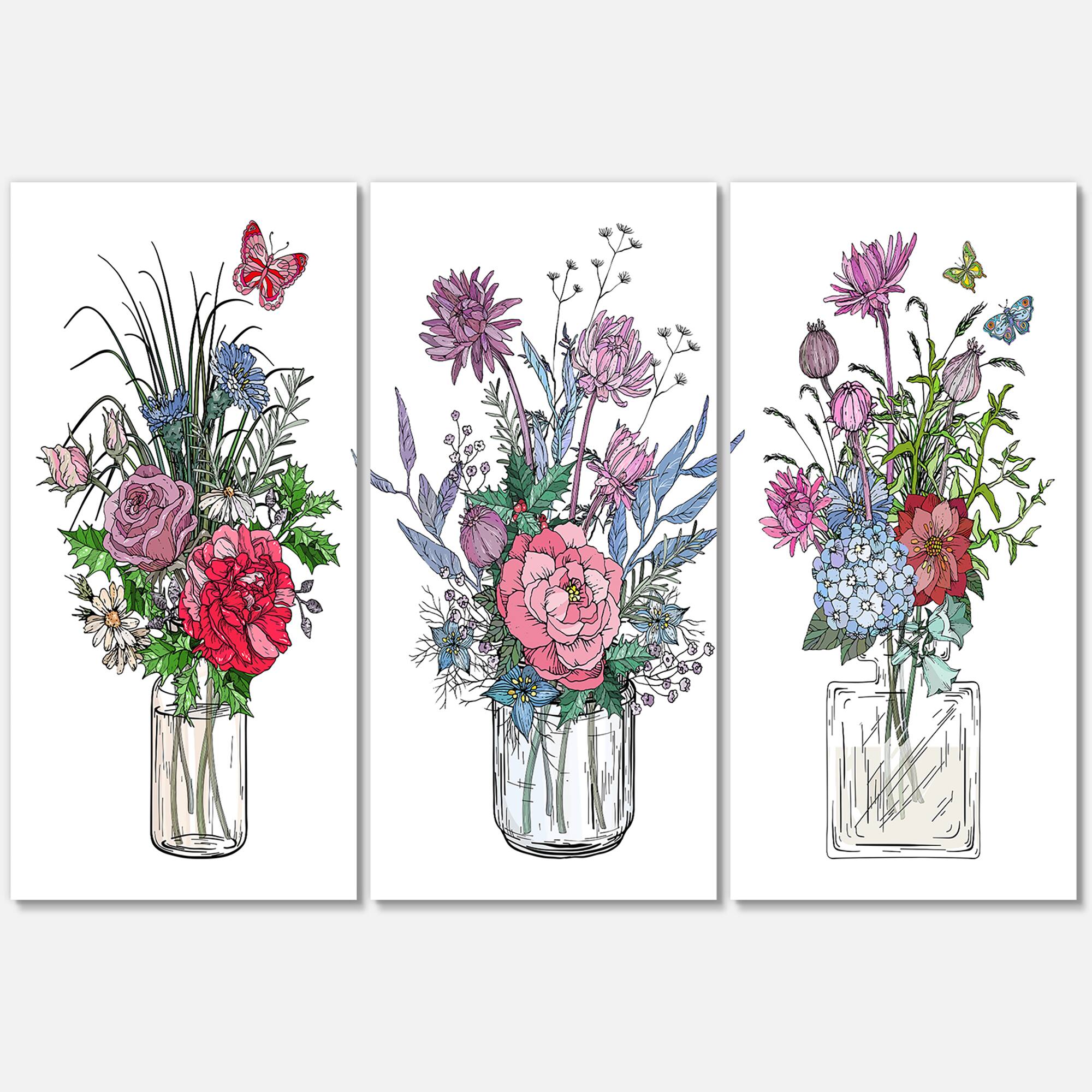 Designart - Bouquets of Wildflowers In Transparent Vases I - Farmhouse Canvas Wall Art Print