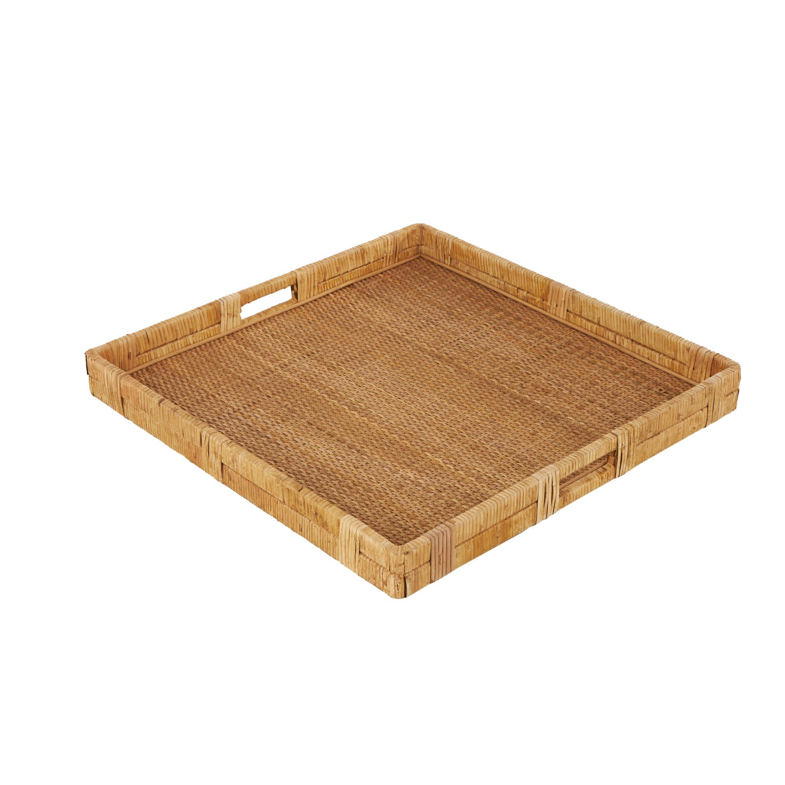 23" x 22" Brown Handmade Woven Rattan Living Room Décor Tray with Slot Handles