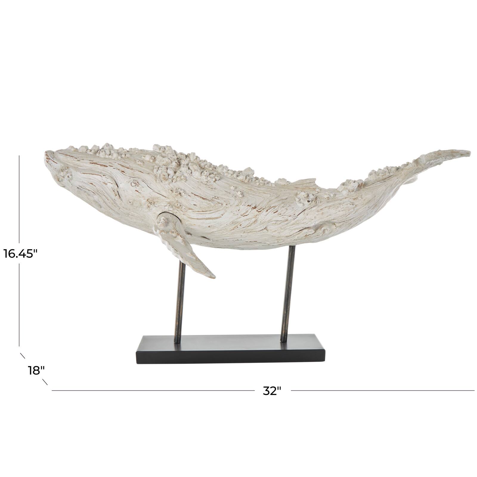 32" Cream Polystone Whale Sculpture with Brown Distressing & Black Metal Stand