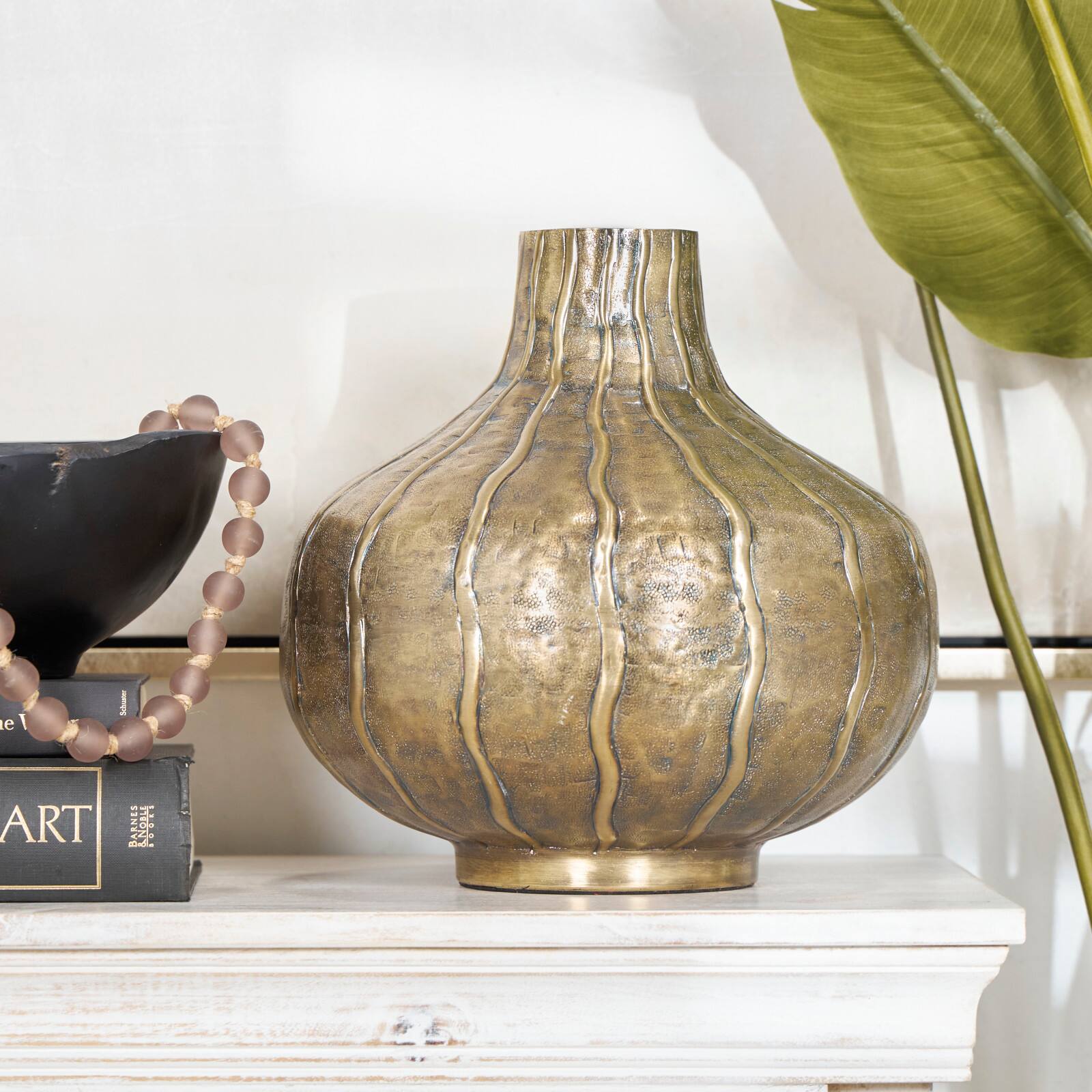 13" Brass Metal Wide Snakeskin Inspired Vase with Dimensional Wavy Accents