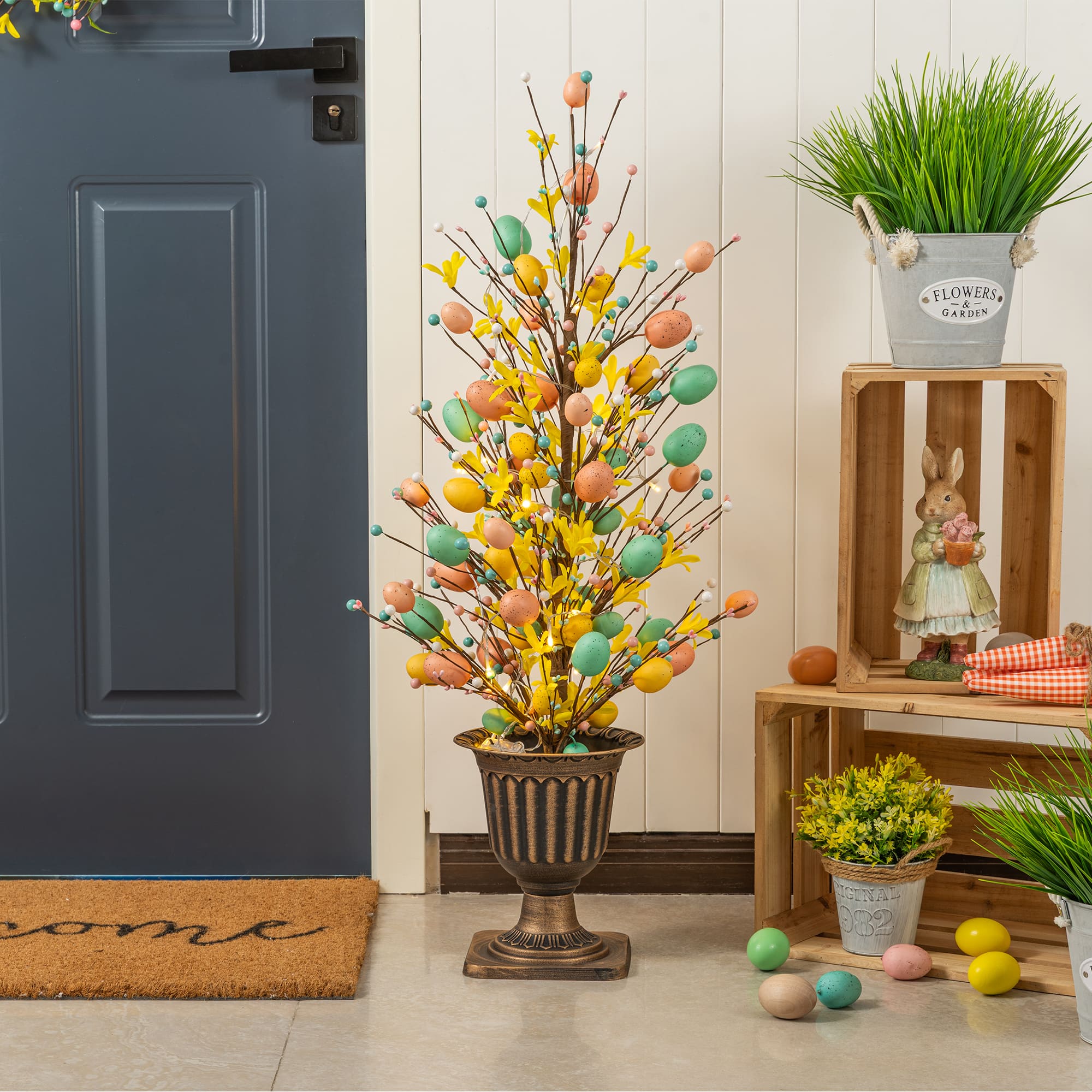 Glitzhome® 36" Lighted Easter Egg & Flower Urn Porch Tree with Timer