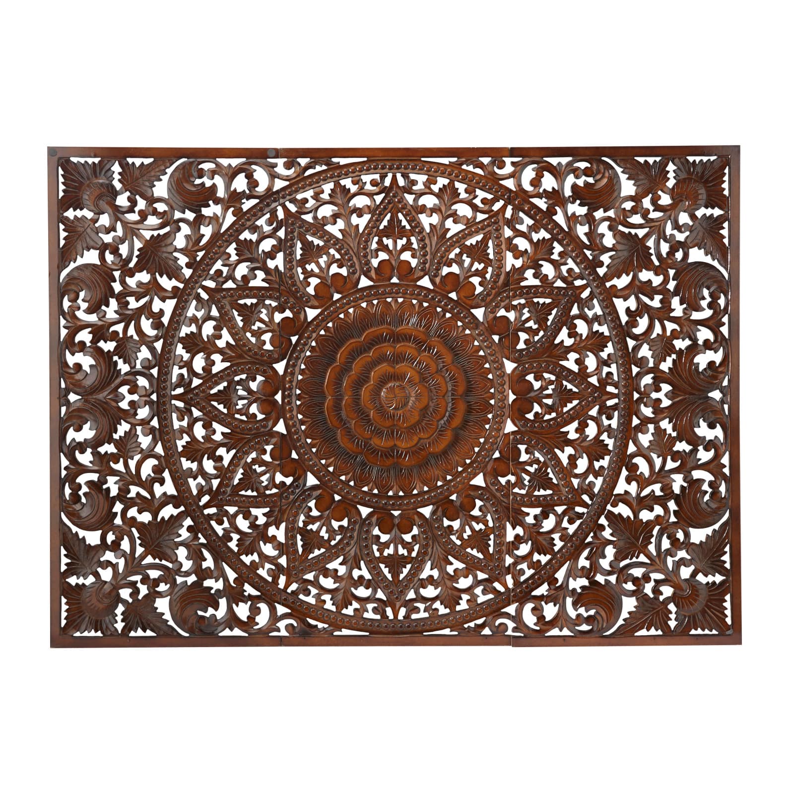 Brown Wood Handmade Intricately Carved Floral Wall Decor with Mandala Design Set of 3 22", 48"