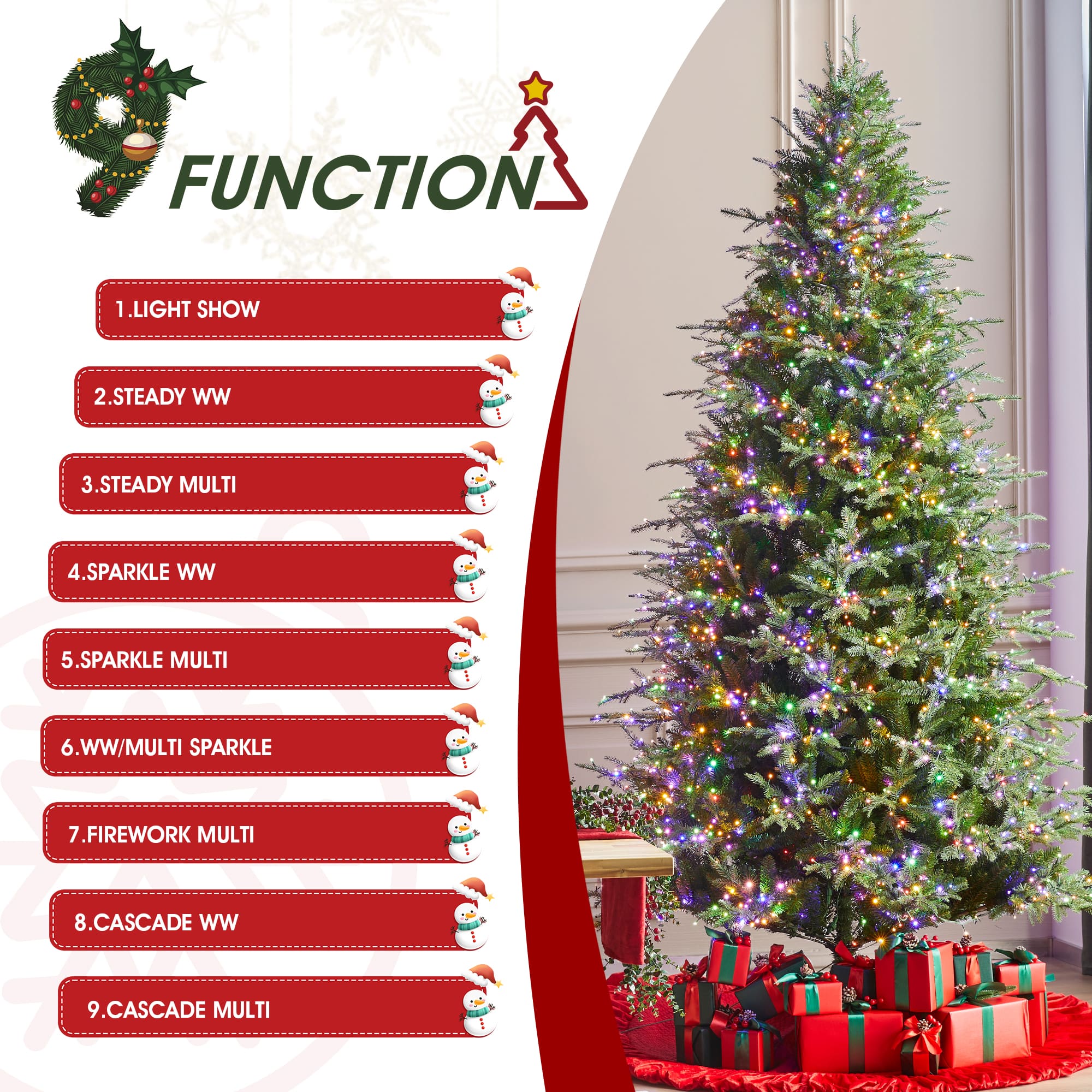 Glitzhome® 9ft Pre-Lit Full Fir Artificial Christmas Tree, Multicolor LED Lights