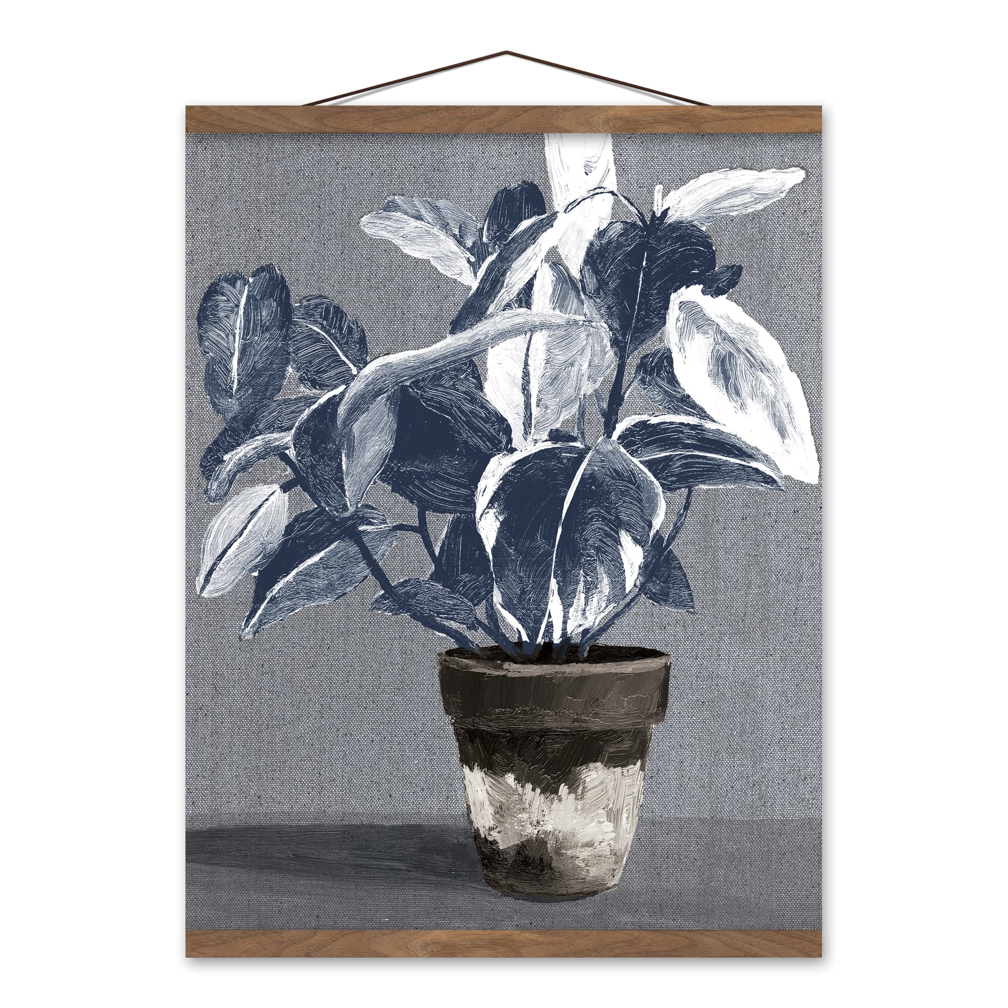 Blue White Plant 16" x 20" Teak Hanging Canvas