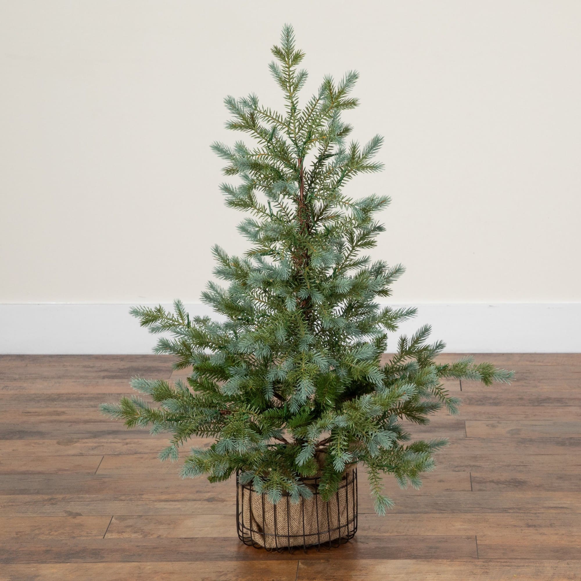 Nearly Natural 3ft. Pre-Lit Artificial Pine Christmas Tree in Jute Wire Planter, Warm White LED lights