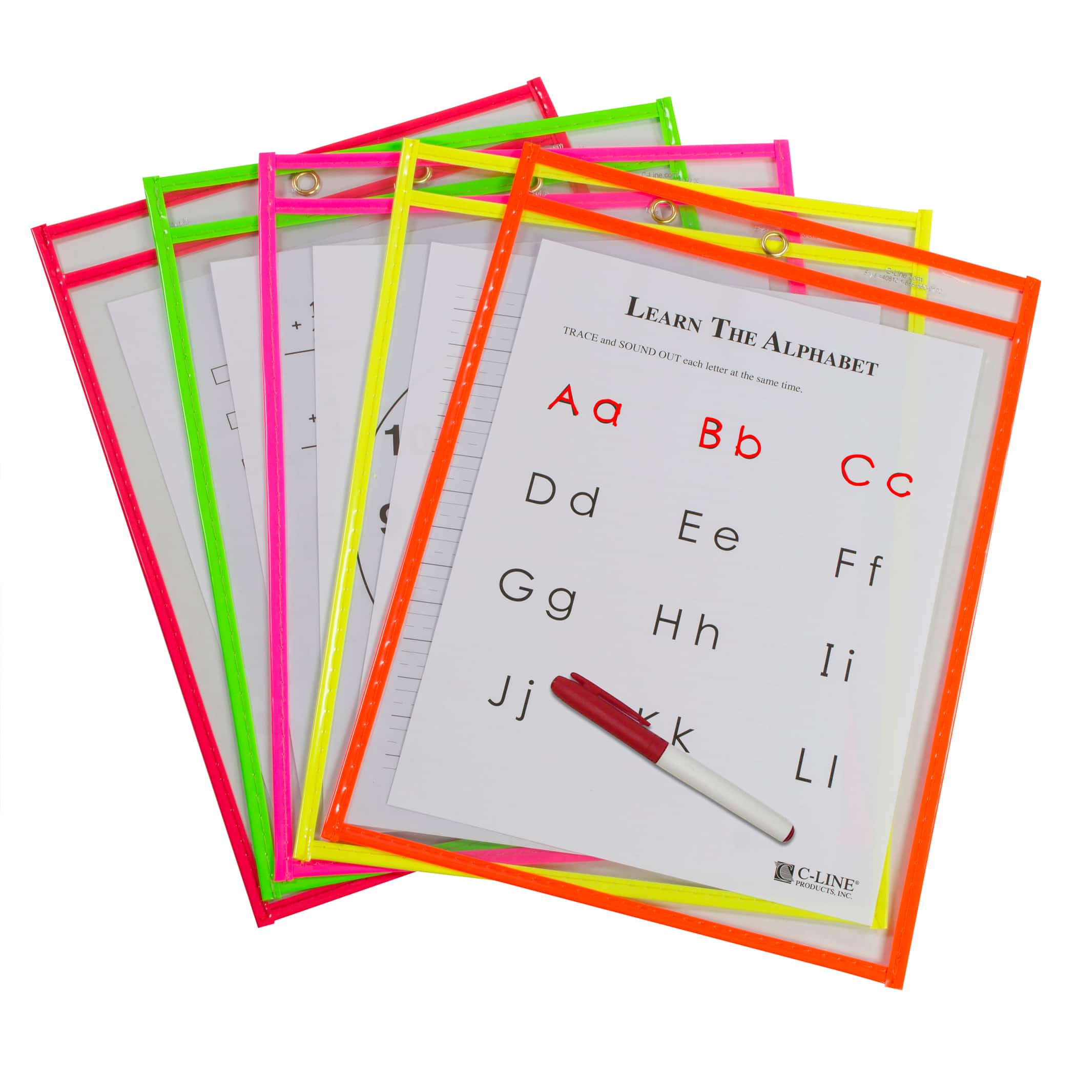 C-Line® Assorted Neon Colors Reusable Dry Erase Pockets, Pack of 10