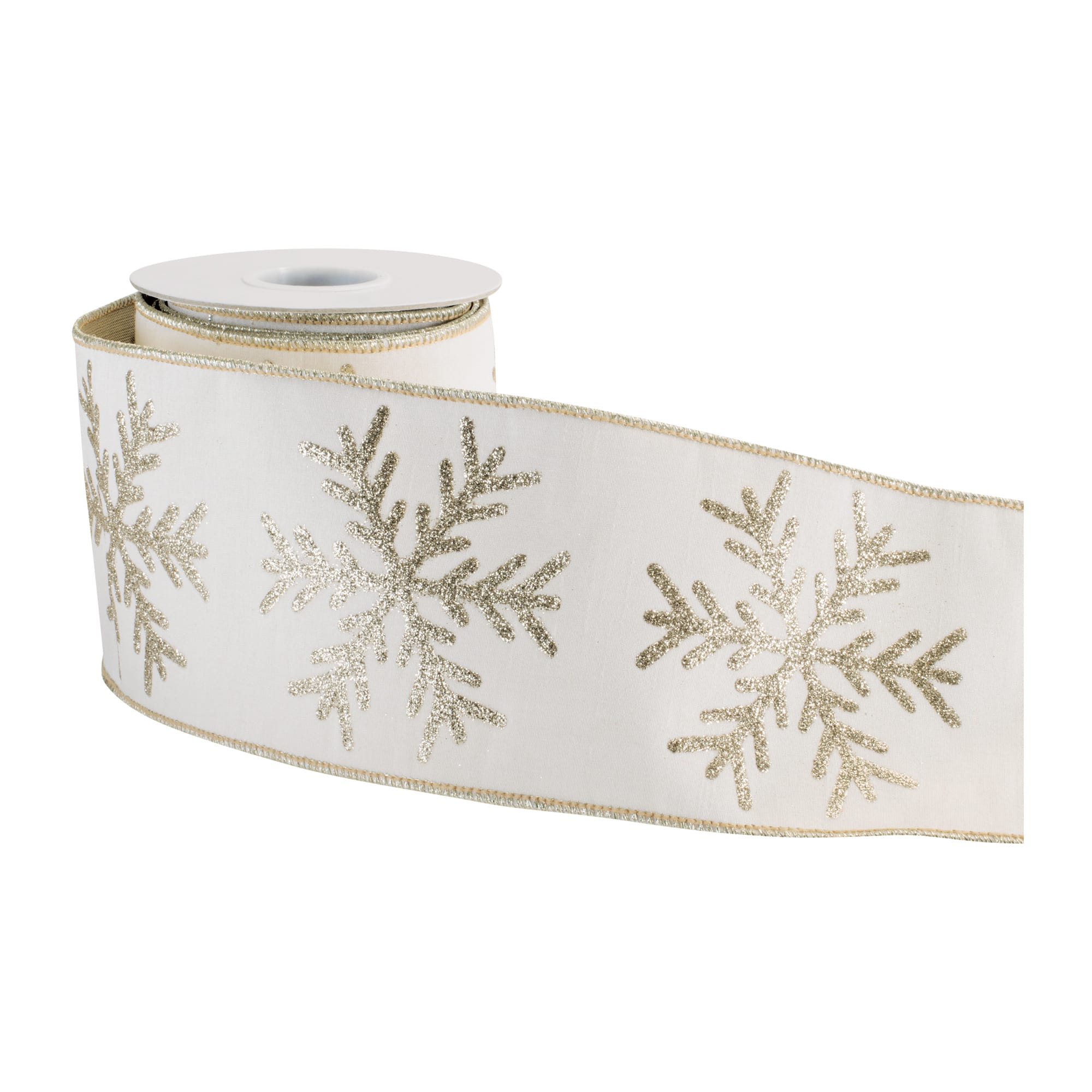 Melrose 4" x 5yd. White & Gold Snowflake Wired Ribbon
