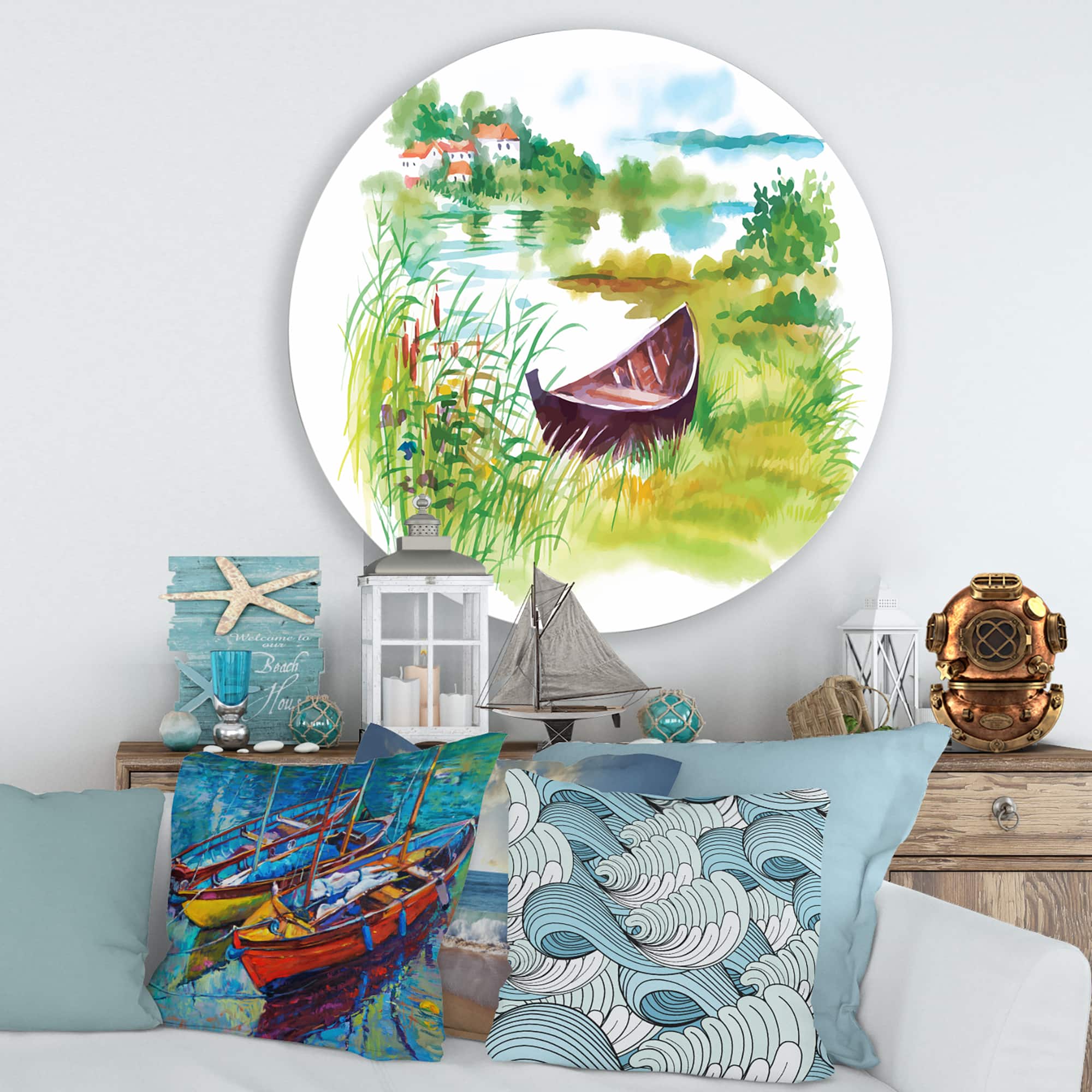 Designart - Rural Green Landscape With Boat - Lake House Metal Circle Wall Art