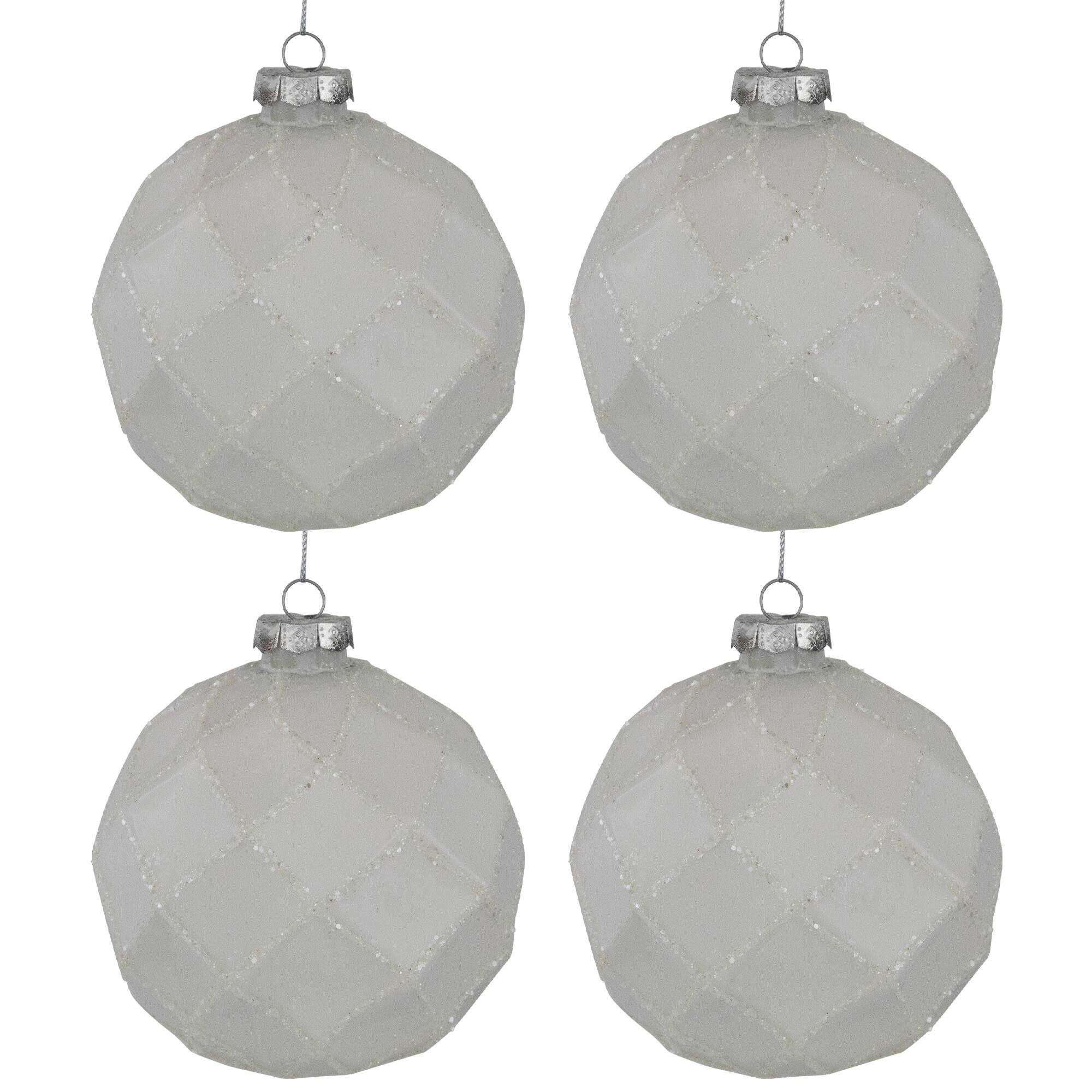 Glittered Christmas Glass Ball Ornaments - 3.75" (95mm) - White - 4ct