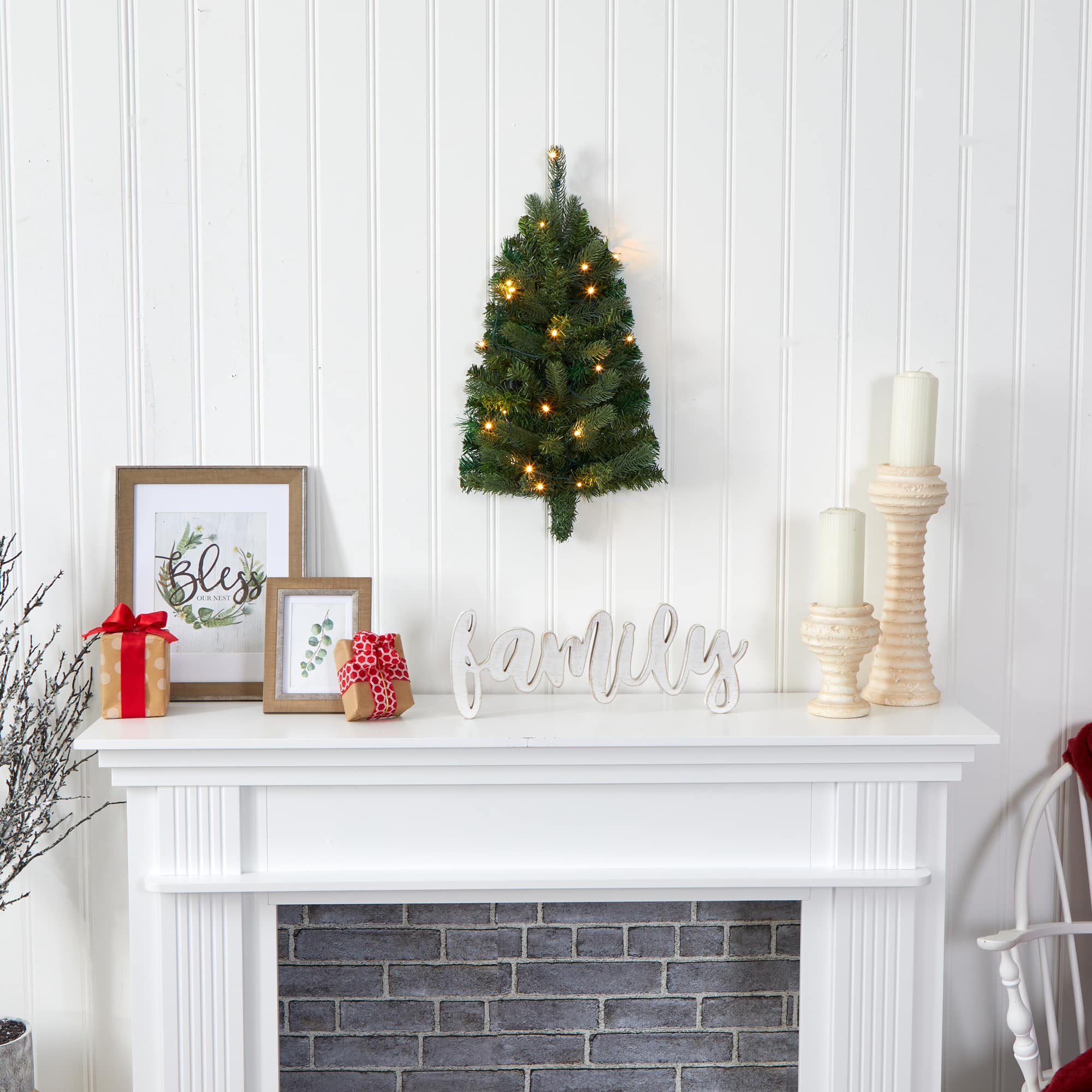 2ft. Pre-Lit Flat Back Wall Hanging Artificial Christmas Tree, Clear LED Lights
