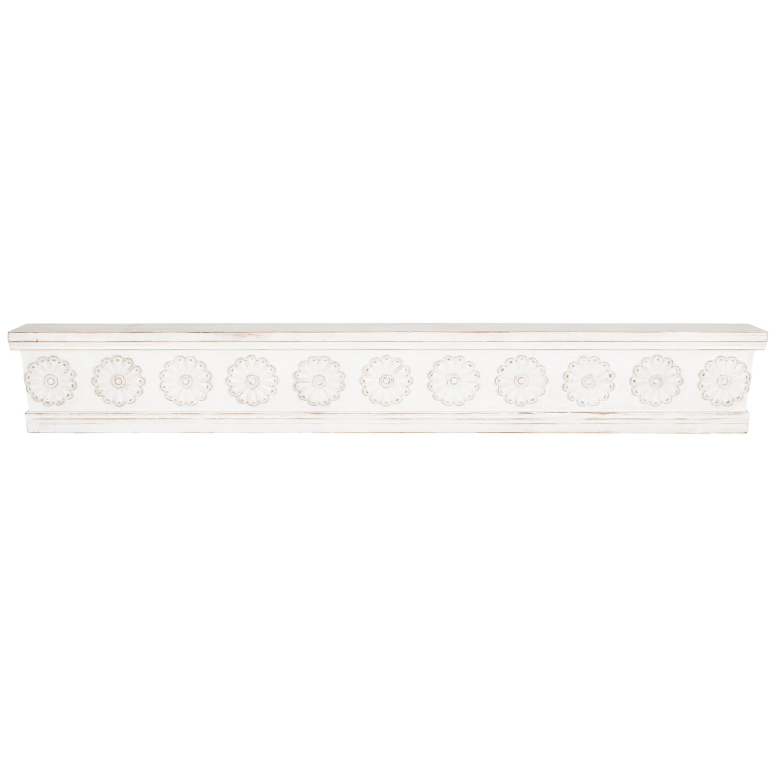 White Wooden Floral Room Wall Shelf with Brown Distressing