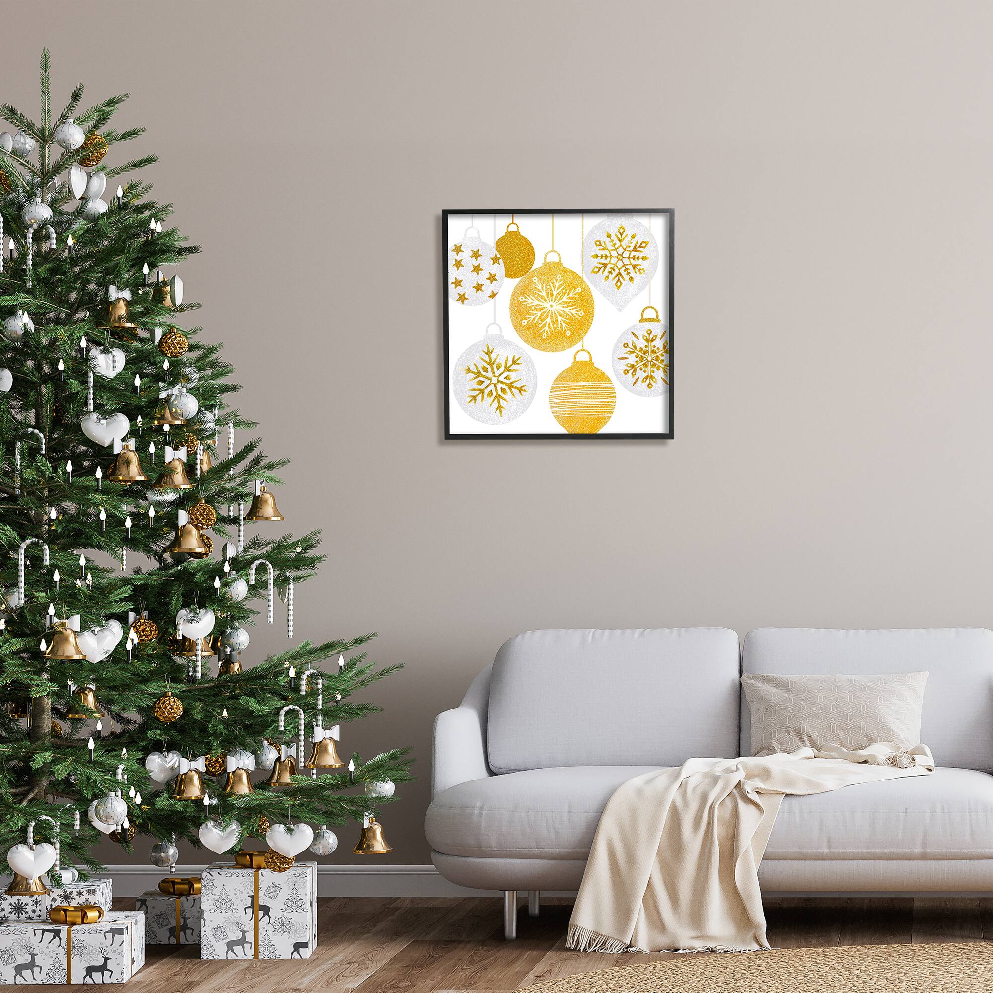 Stupell Industries Glimmering Hanging Christmas Baubles Framed Giclee Art