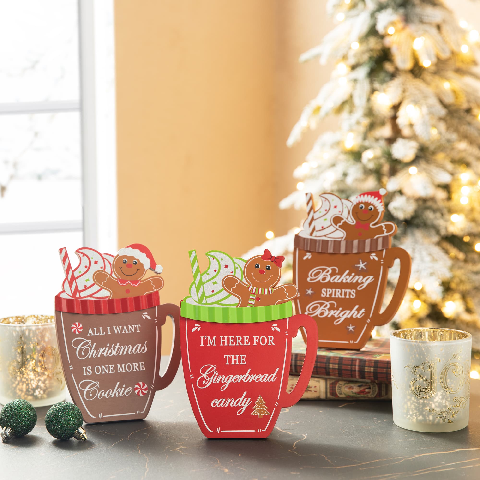 Glitzhome® 8" Christmas Gingerbread Man Mug Tabletop Décor Set