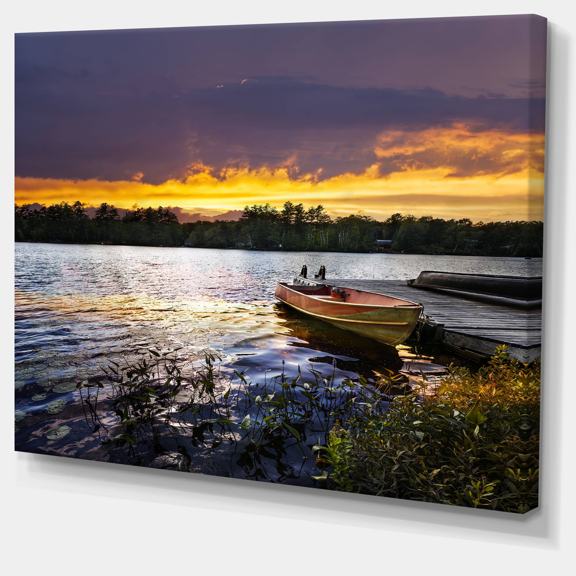 Designart - Boat Docked in Lake at Sunset