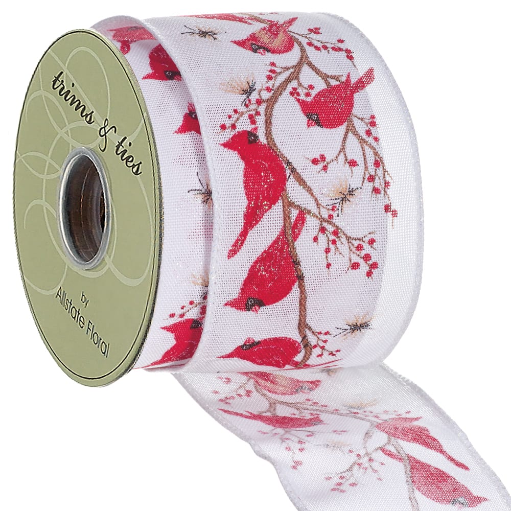 Allstate Floral 2.5" x 10yd. Red & White Bird Print Glitter Wired Ribbon