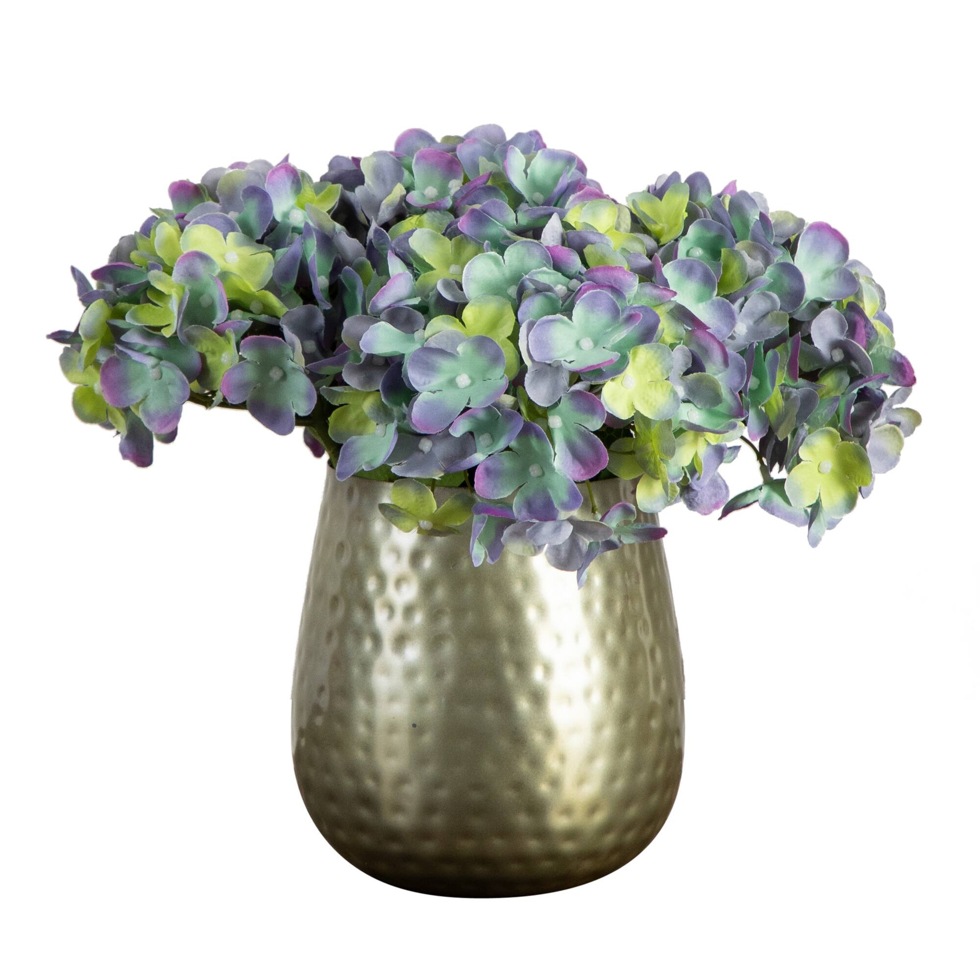 11" Blue Hydrangea Arrangement in Gold Metal Vase