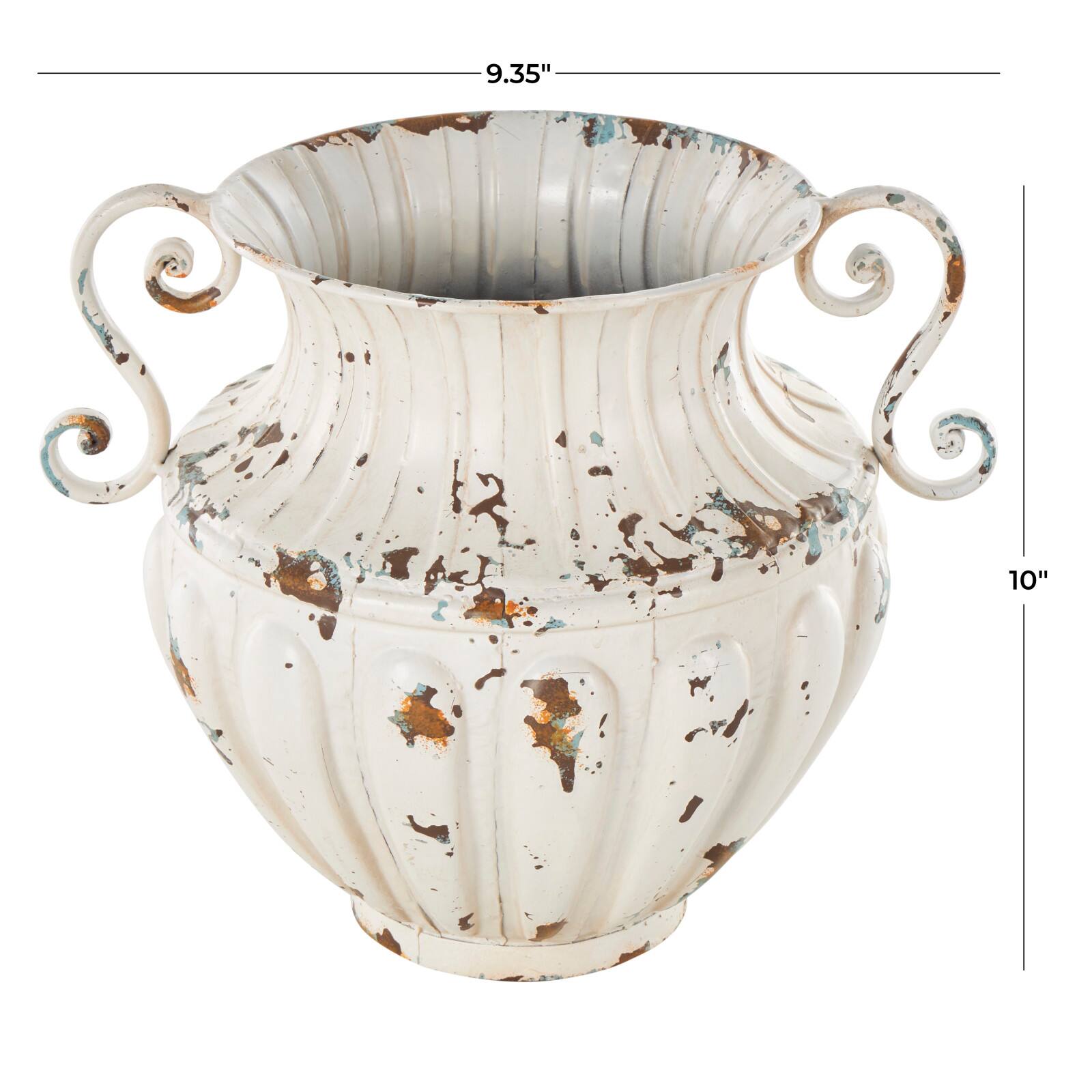 10" Distressed Cream Metal Vintage Amphora Vase