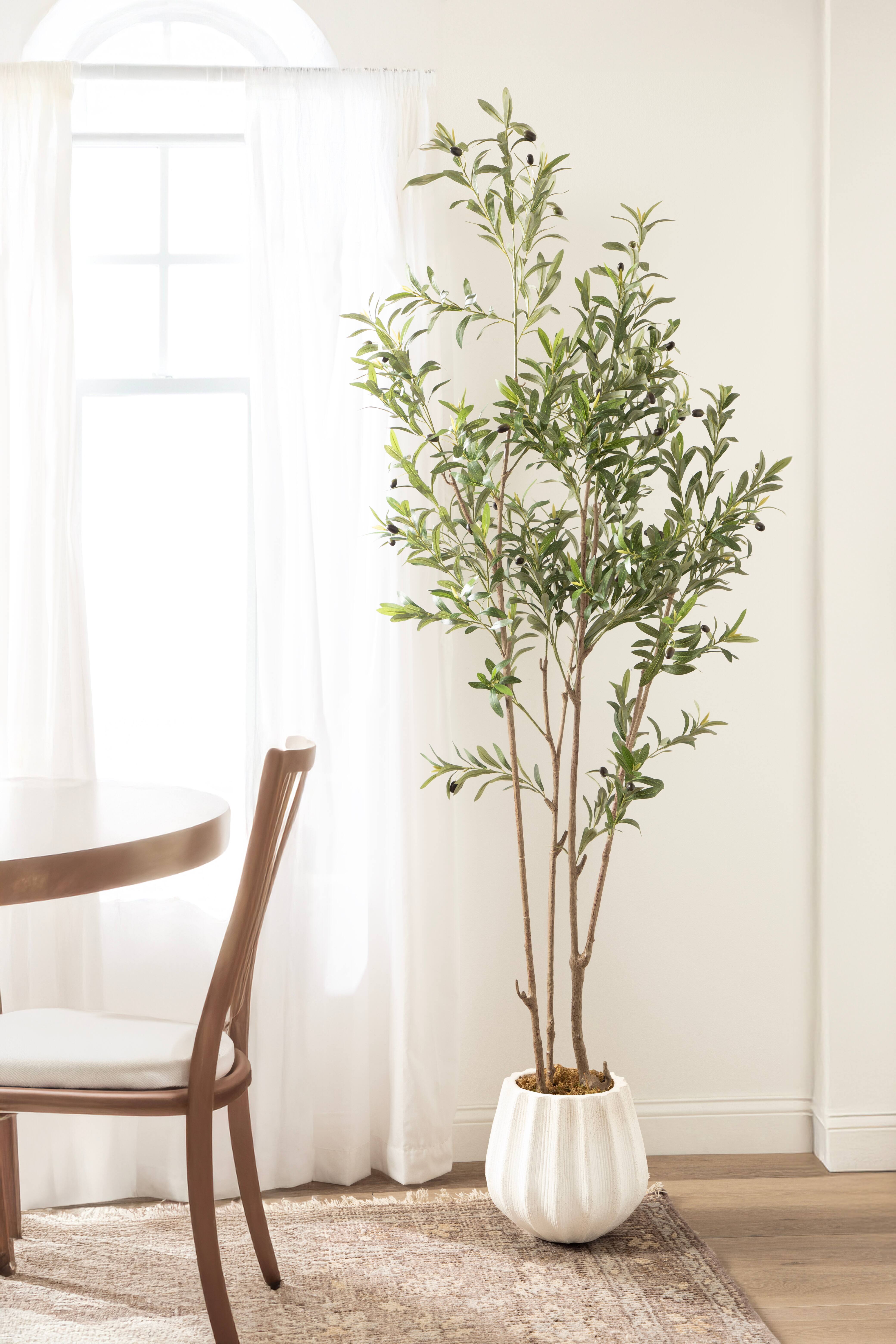 Kate and Laurel 7ft. Oliveira Faux Olive Tree with Claudel Scalloped Planter
