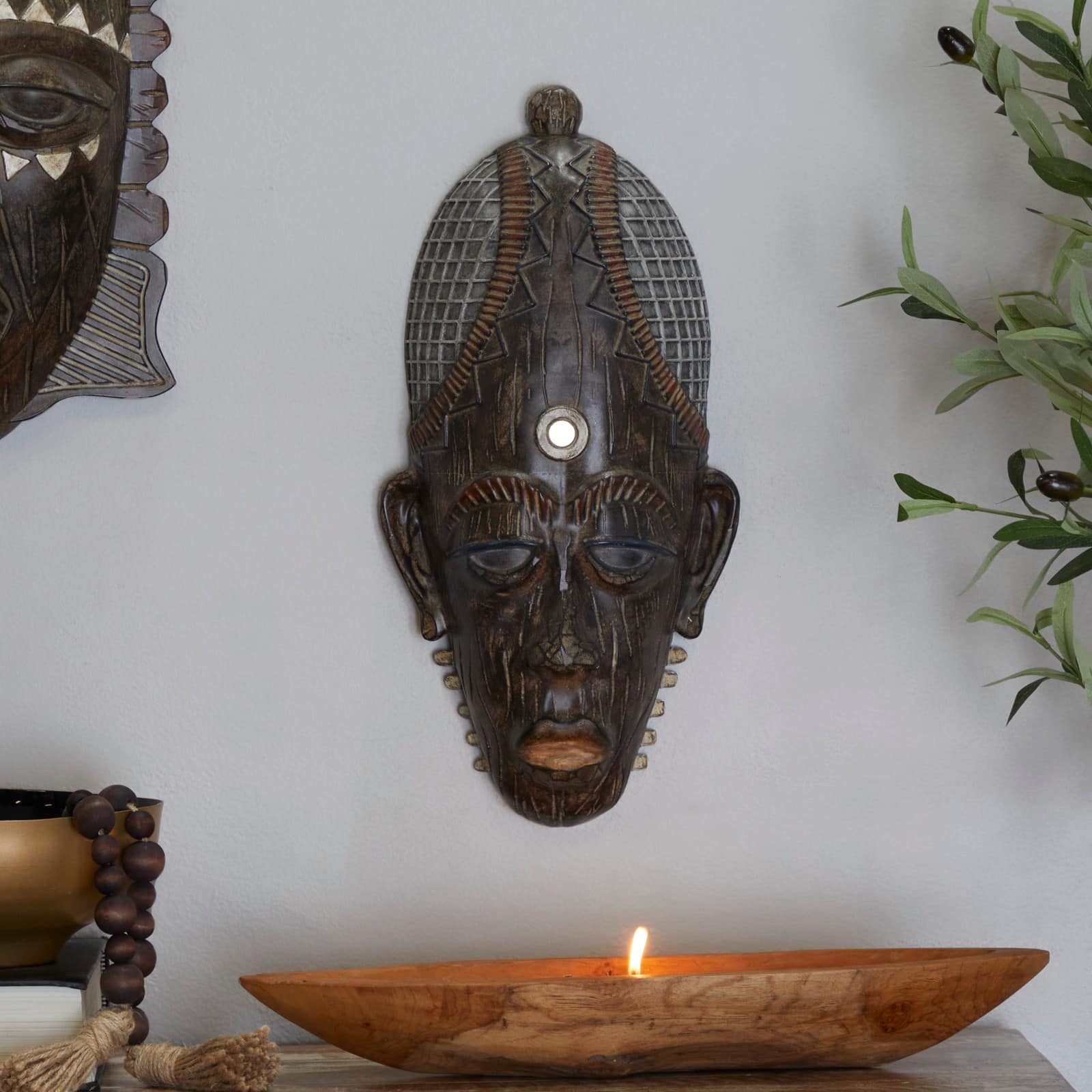 Brown Polystone Primitive African Mask Sculpture 8" x 4" x 18"