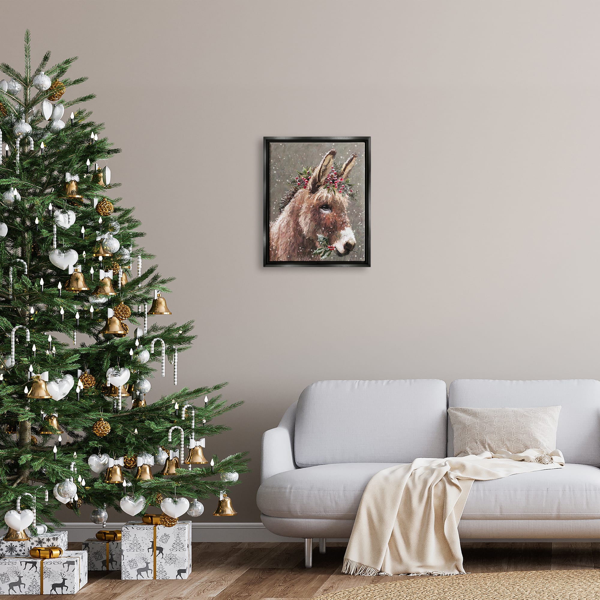 Stupell Industries Winter Donkey Snow Falling Framed Floater Canvas Wall Art