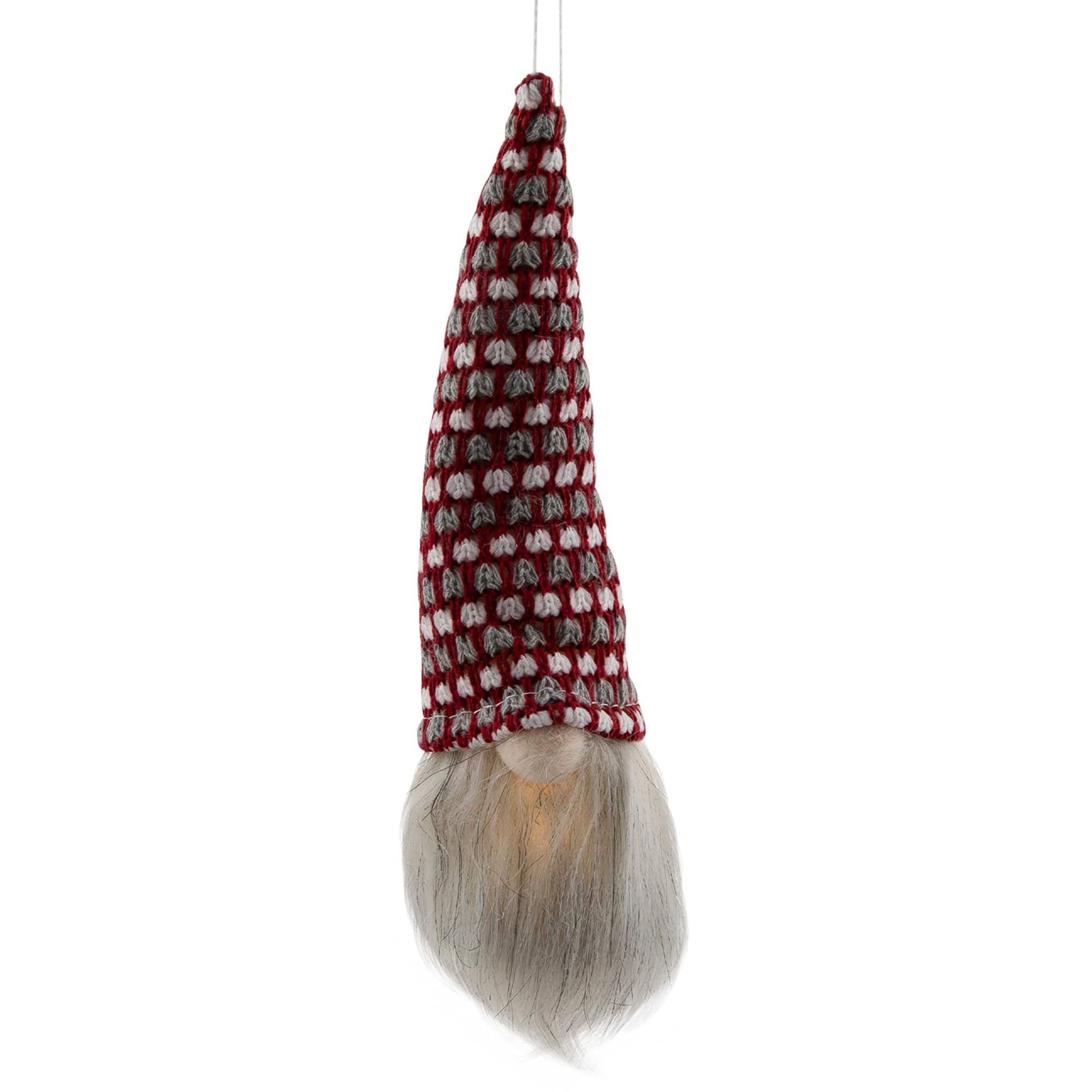 8" Red, White & Gray Knit Gnome Head LED Ornament