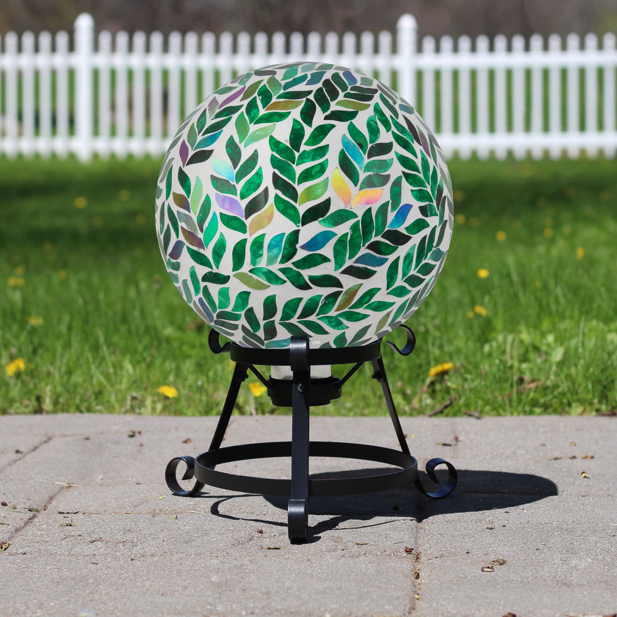 10" White & Green Mosaic Iridescent Leaves Outdoor Garden Gazing Ball