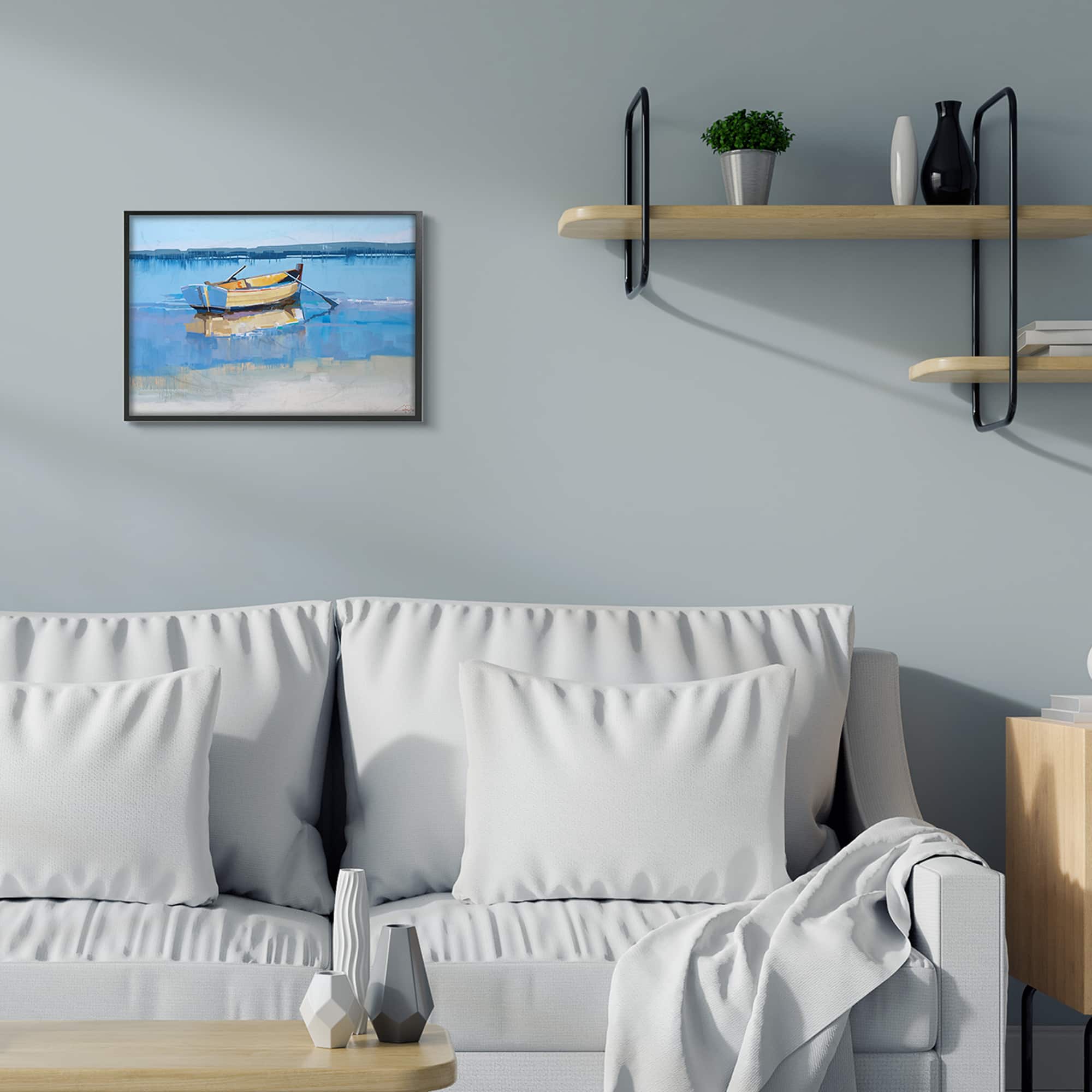 Stupell Industries Row Boat on Blue Coastal Shore Beach Landscape Framed Wall Art