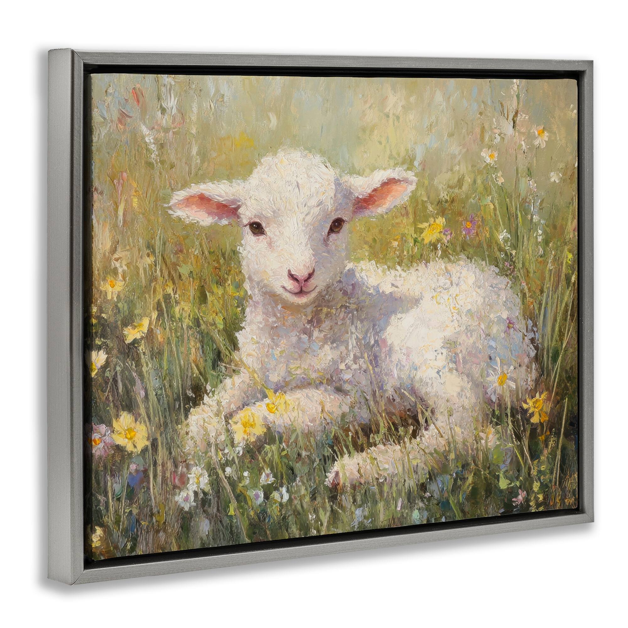 Stupell Industries Sunlight Lamb in Flowers Floating Frame Wall Art