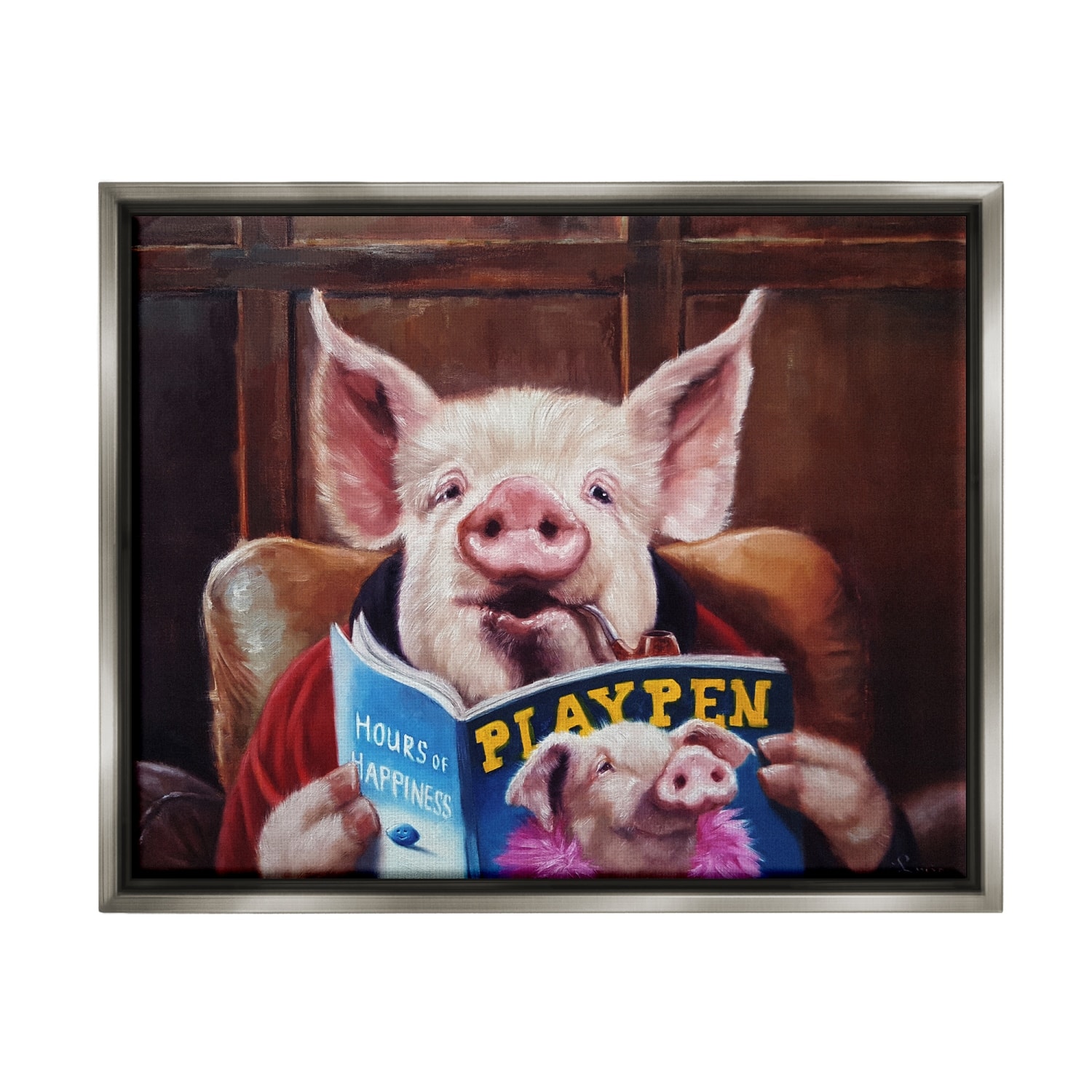 Stupell Industries Funny Pig Magazine Man Cave Floater Framed Art