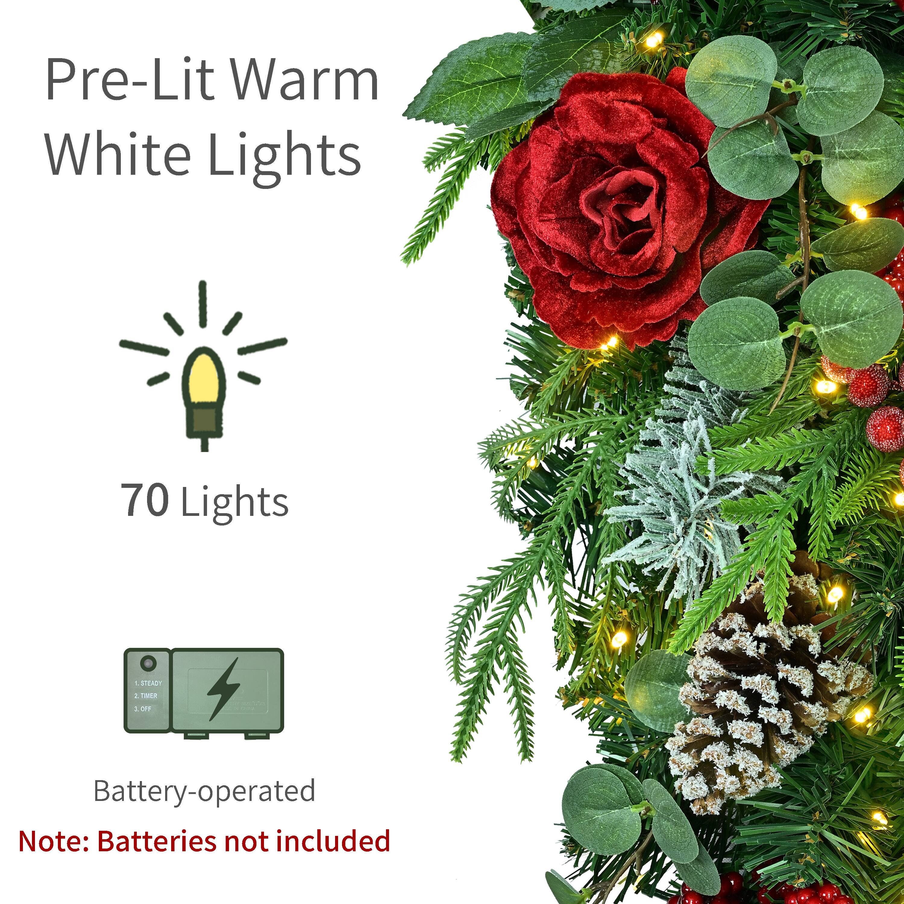 Puleo International 28" Pre-Lit Roses, Pinecones & Leaves Artificial Teardrop Swag