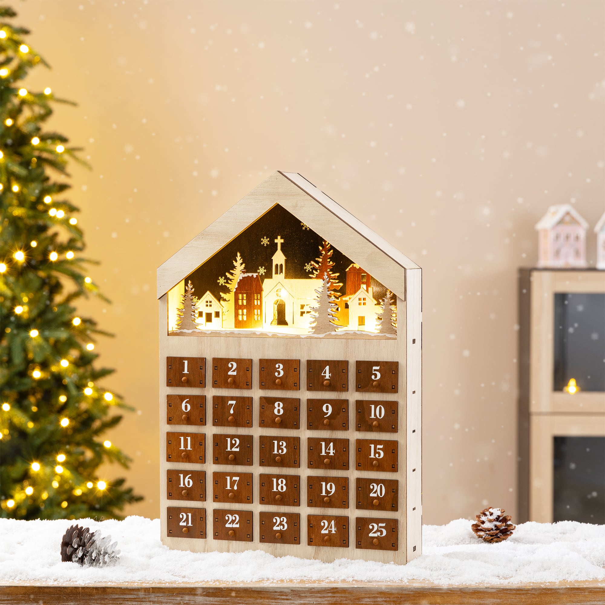 Glitzhome® 15.75" Lighted Wooden Christmas Village Advent Calendar Decor