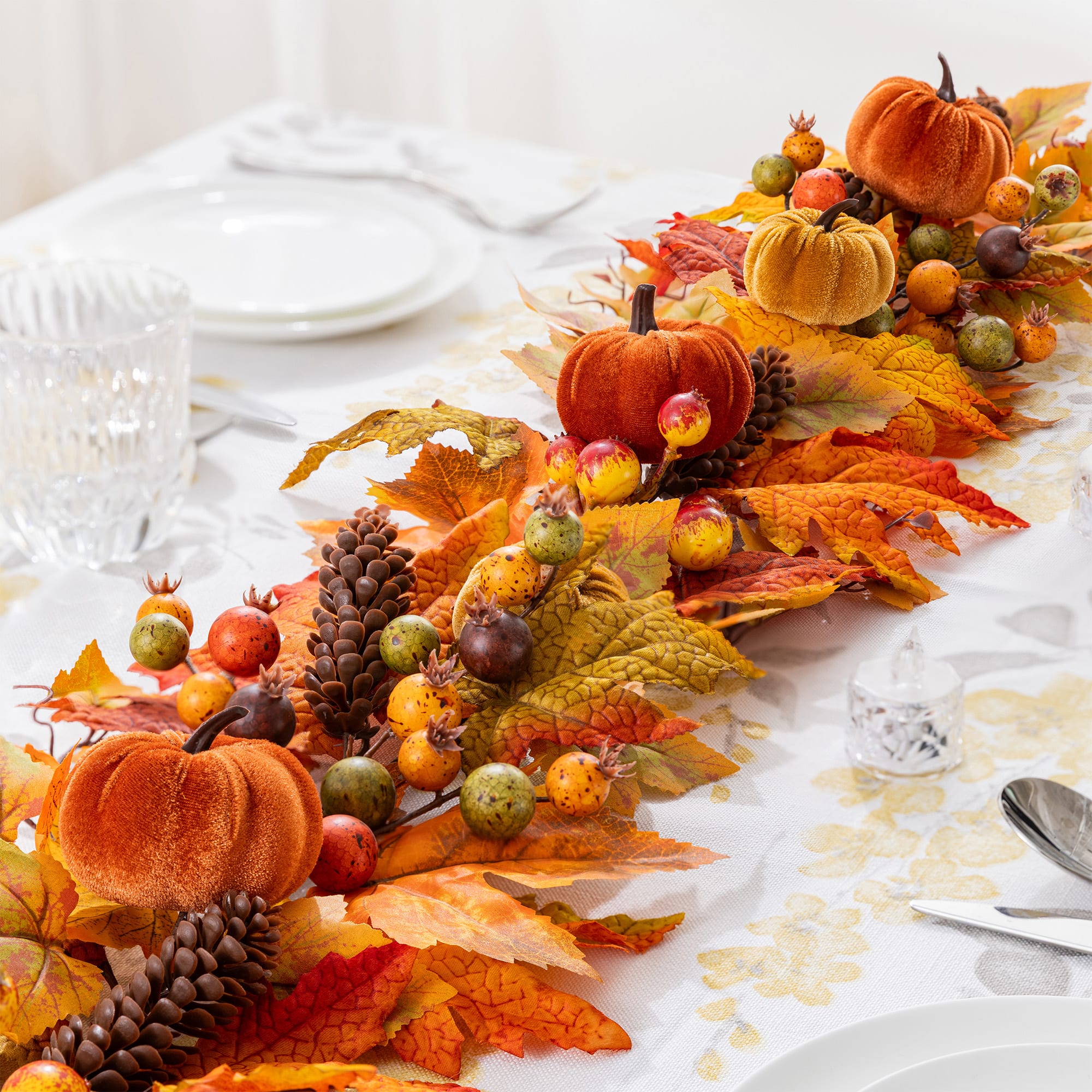 Glitzhome® 6ft Fall Velvet Pumpkin, Pinecone & Berry Garland