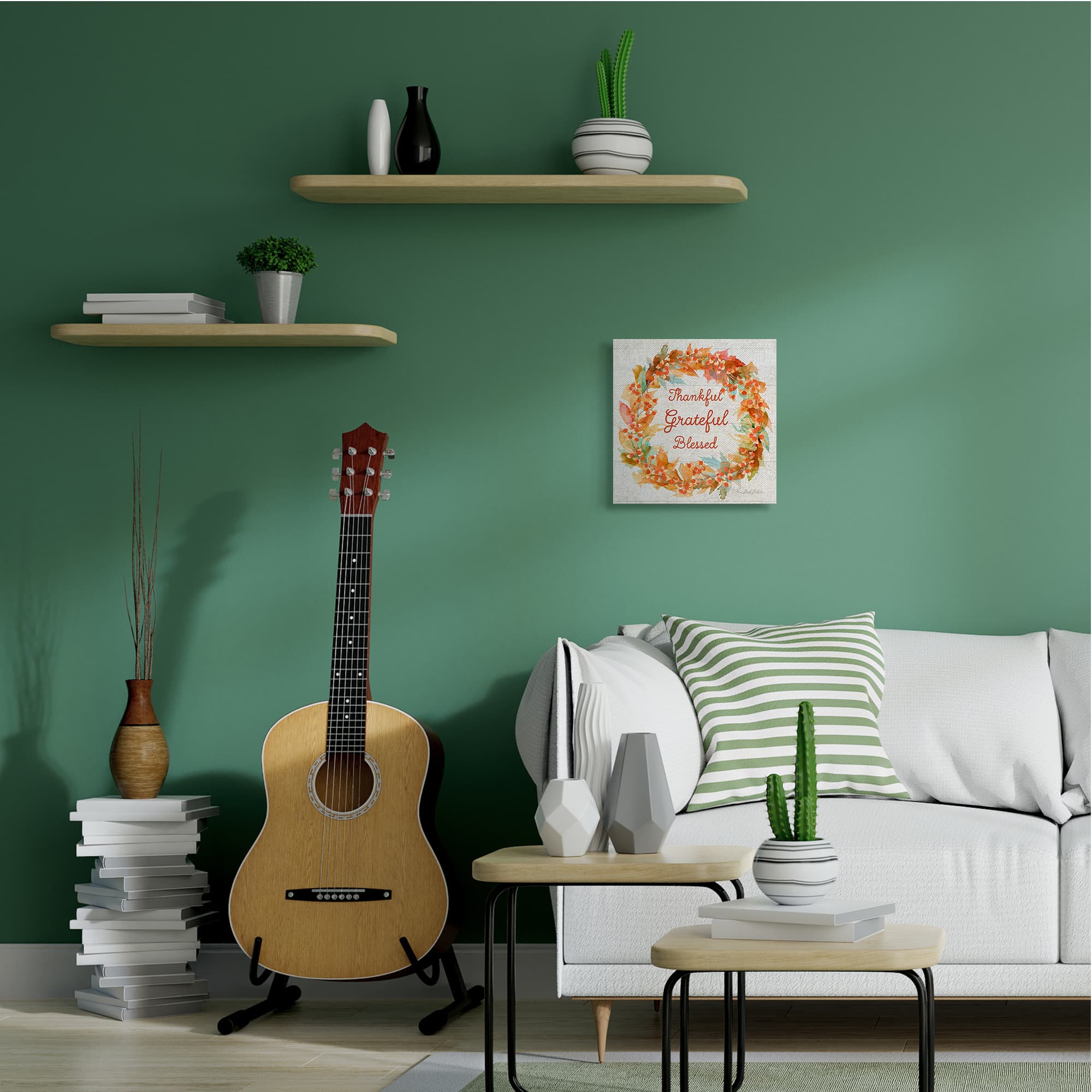 Stupell Industries Autumn Foliage Wreath Thankful Grateful Blessed Text Canvas Wall Art