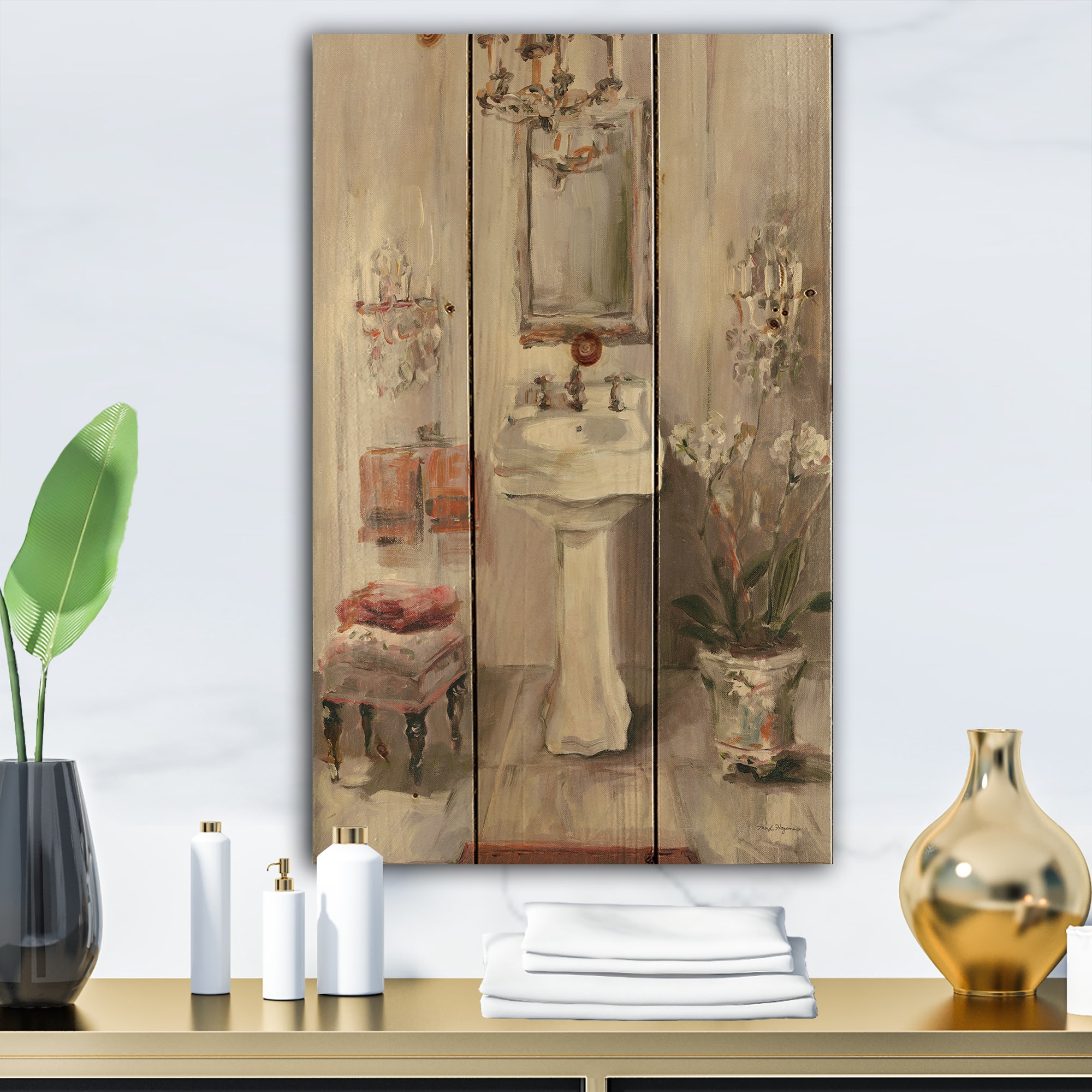 Designart - French Bath La baignoire I - Traditional Bathroom Print on Natural Pine Wood