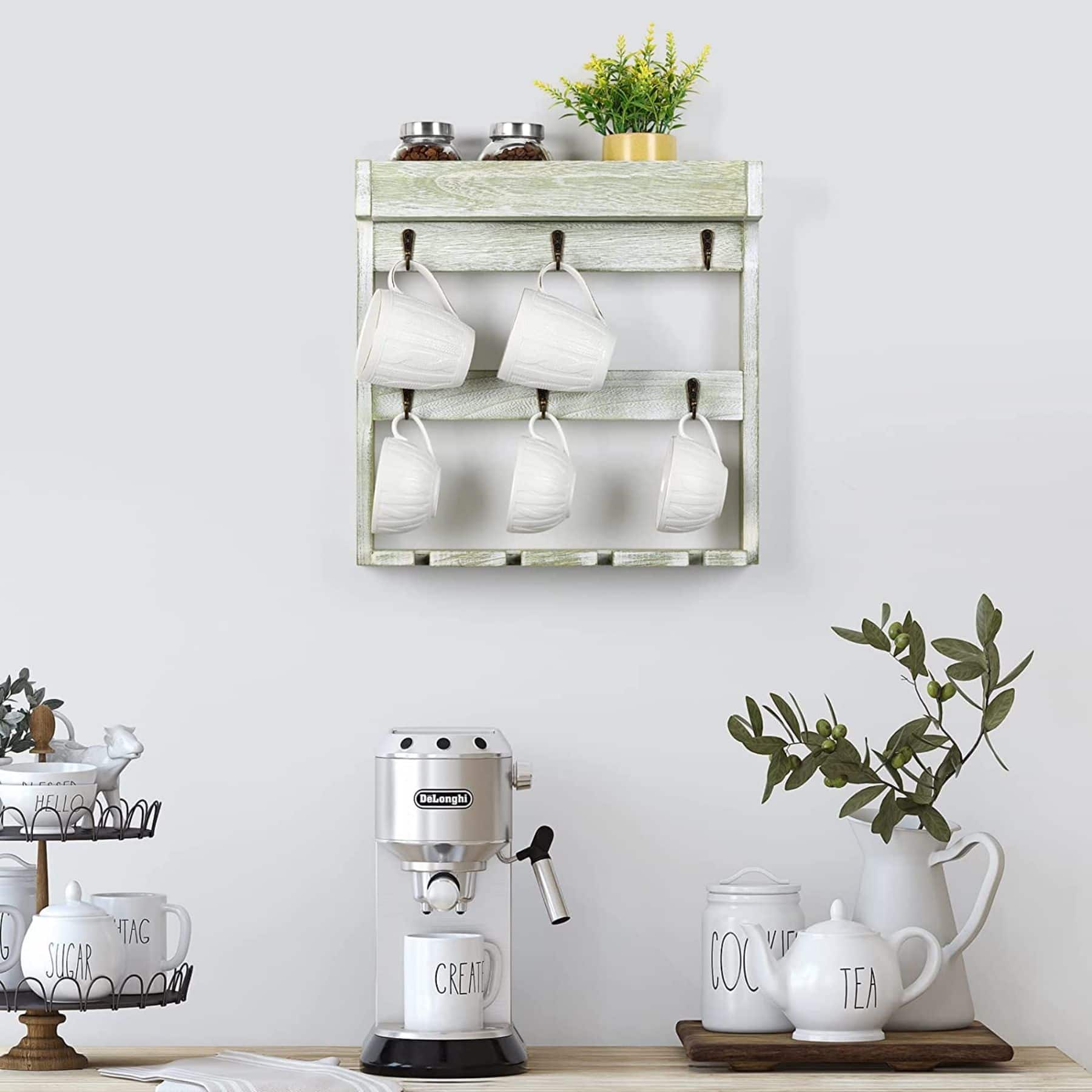 NEX™ 16" White Wood Wall-Mounted Coffee Mug Rack
