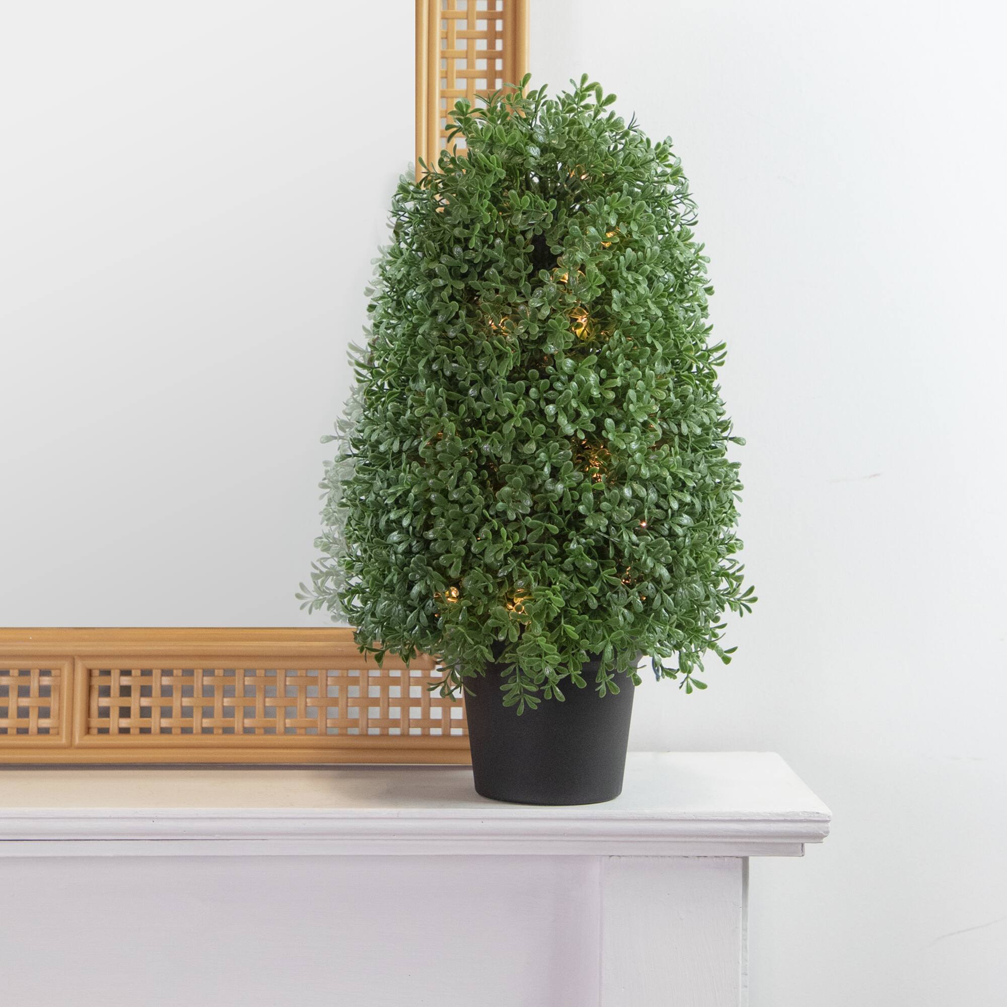 18" Pre-Lit Artificial Boxwood Cone Topiary Tree with Round Pot, Clear Lights