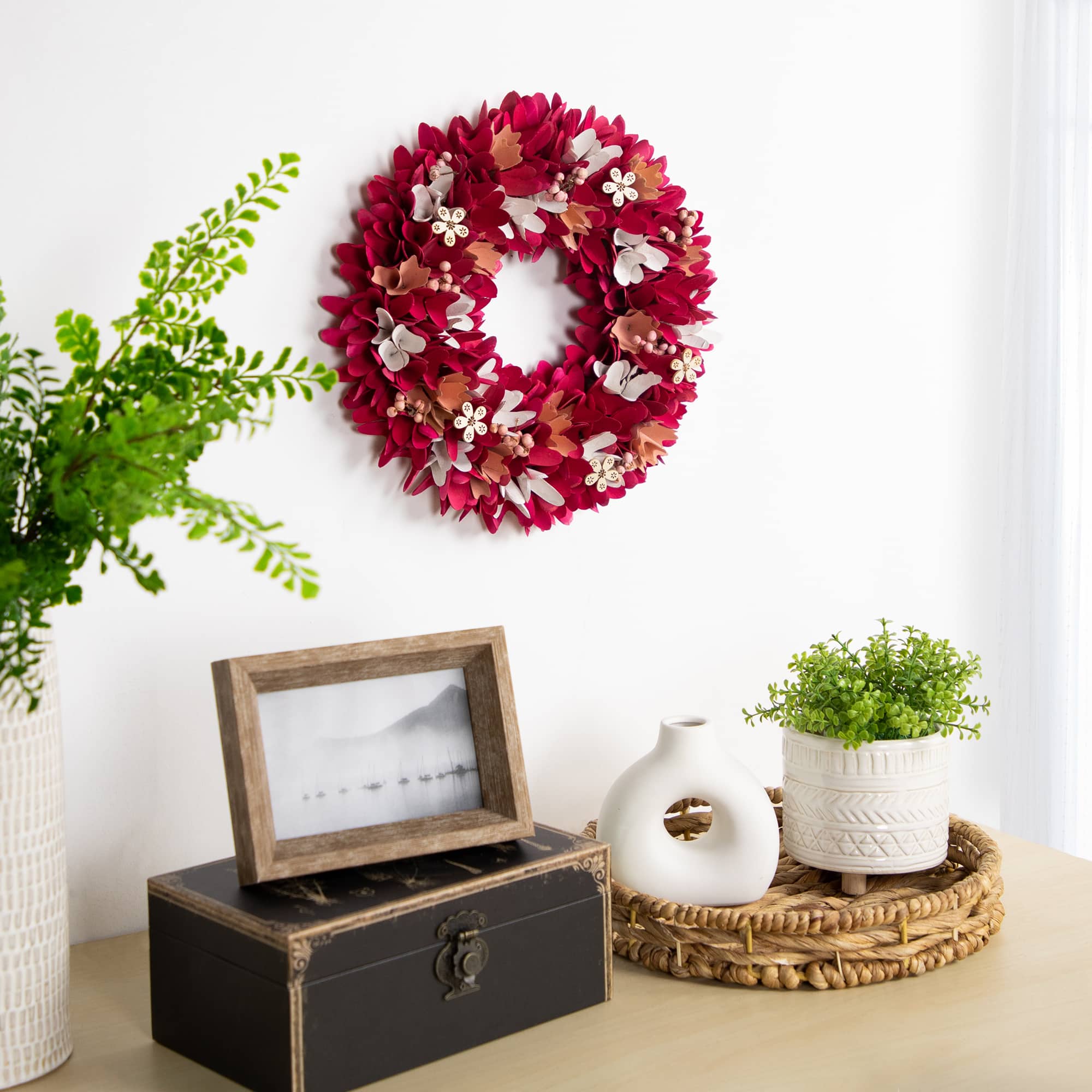 13" Fuchsia Pink & White Wooden Floral Wreath with Berries