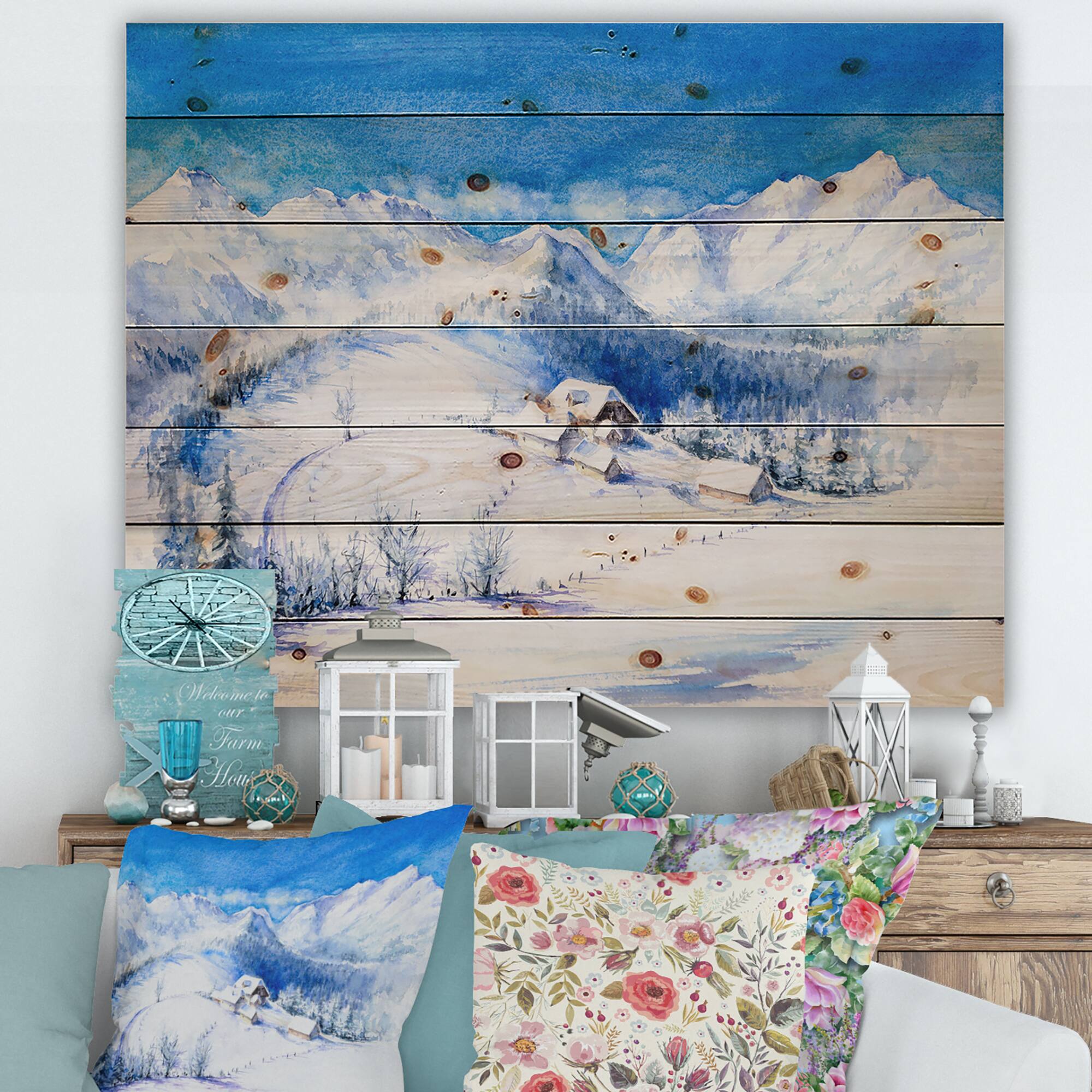 Designart - Winter Mountain Landscape With Wooden House - Traditional Print on Natural Pine Wood