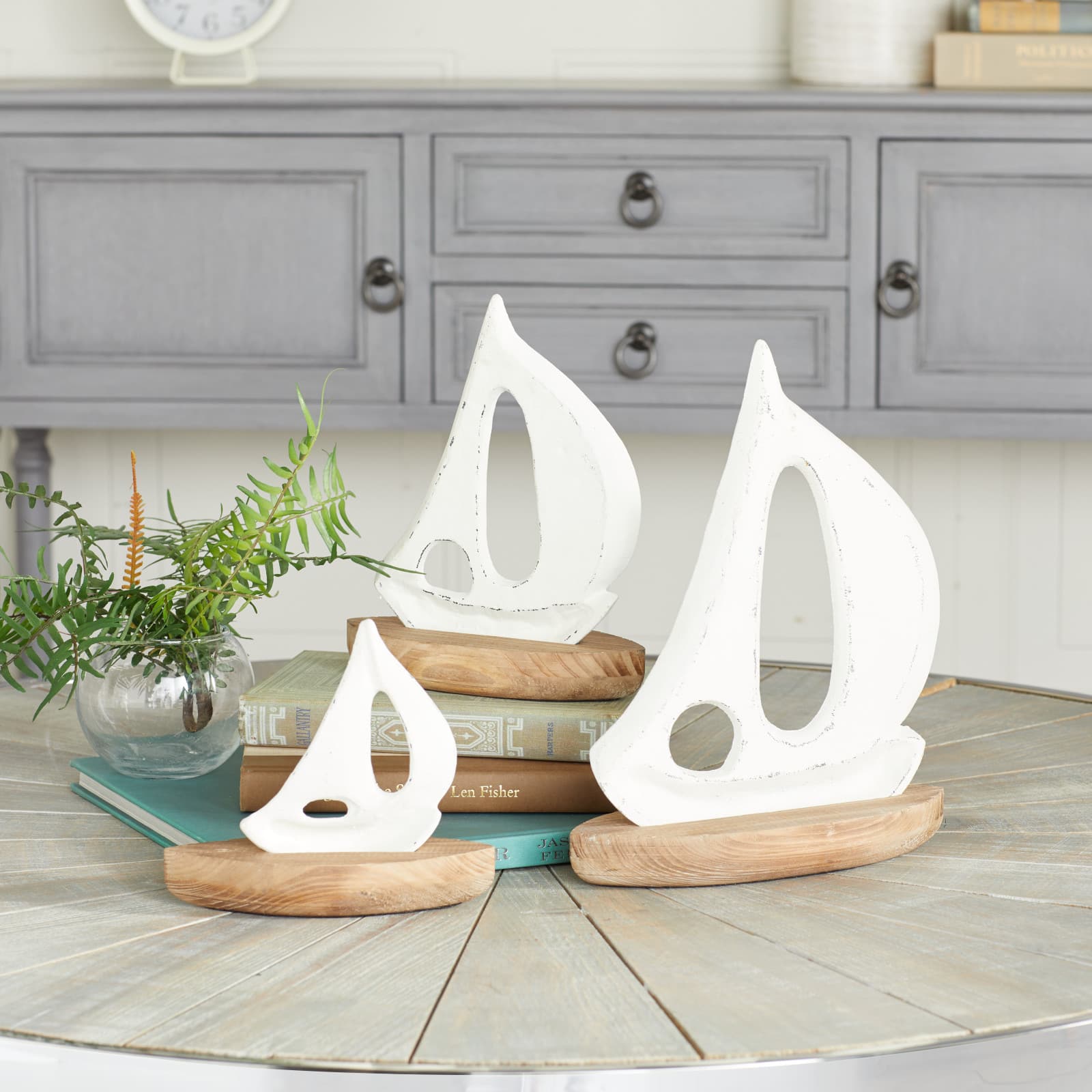 Set of 3 White Wood Coastal Sculptures, 11" x 8" x 5"
