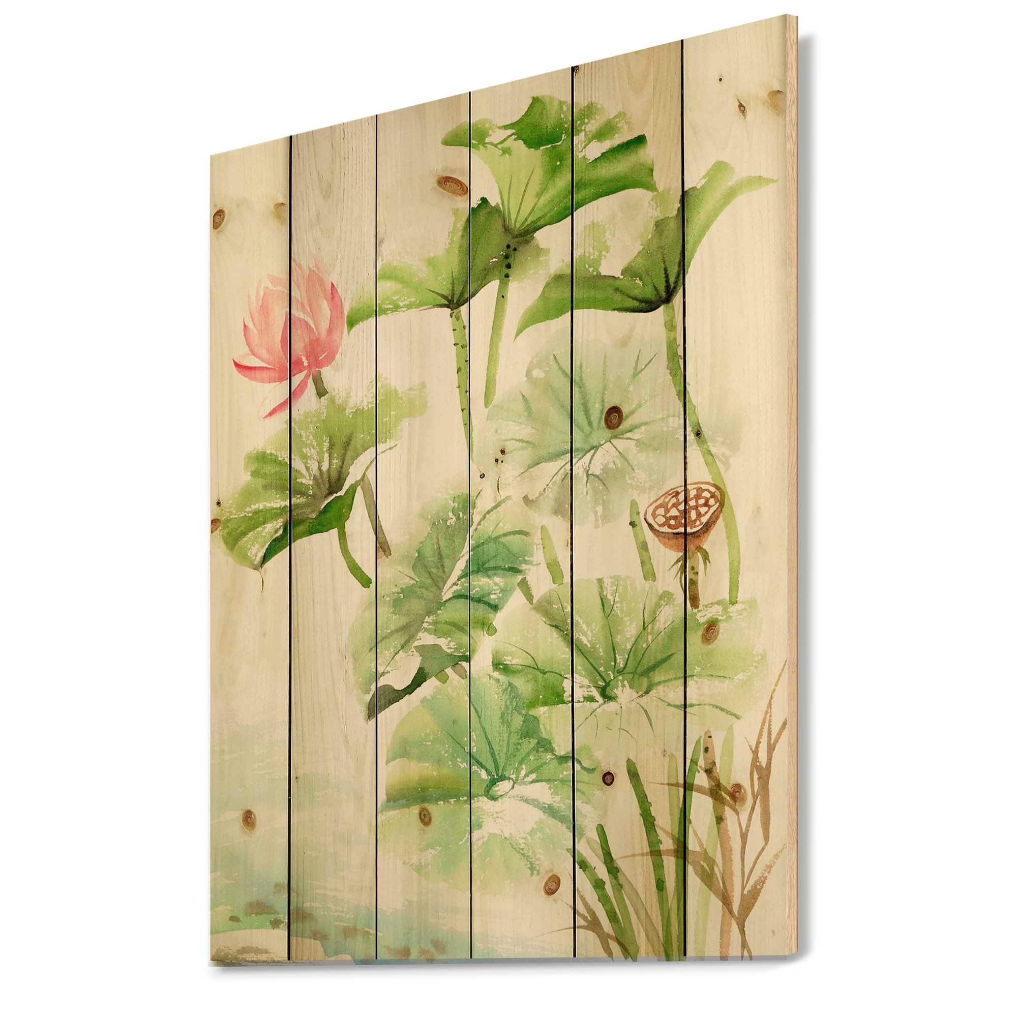 Designart - Vintage Pink Lotuses In The Pond IV - Traditional Print on Natural Pine Wood