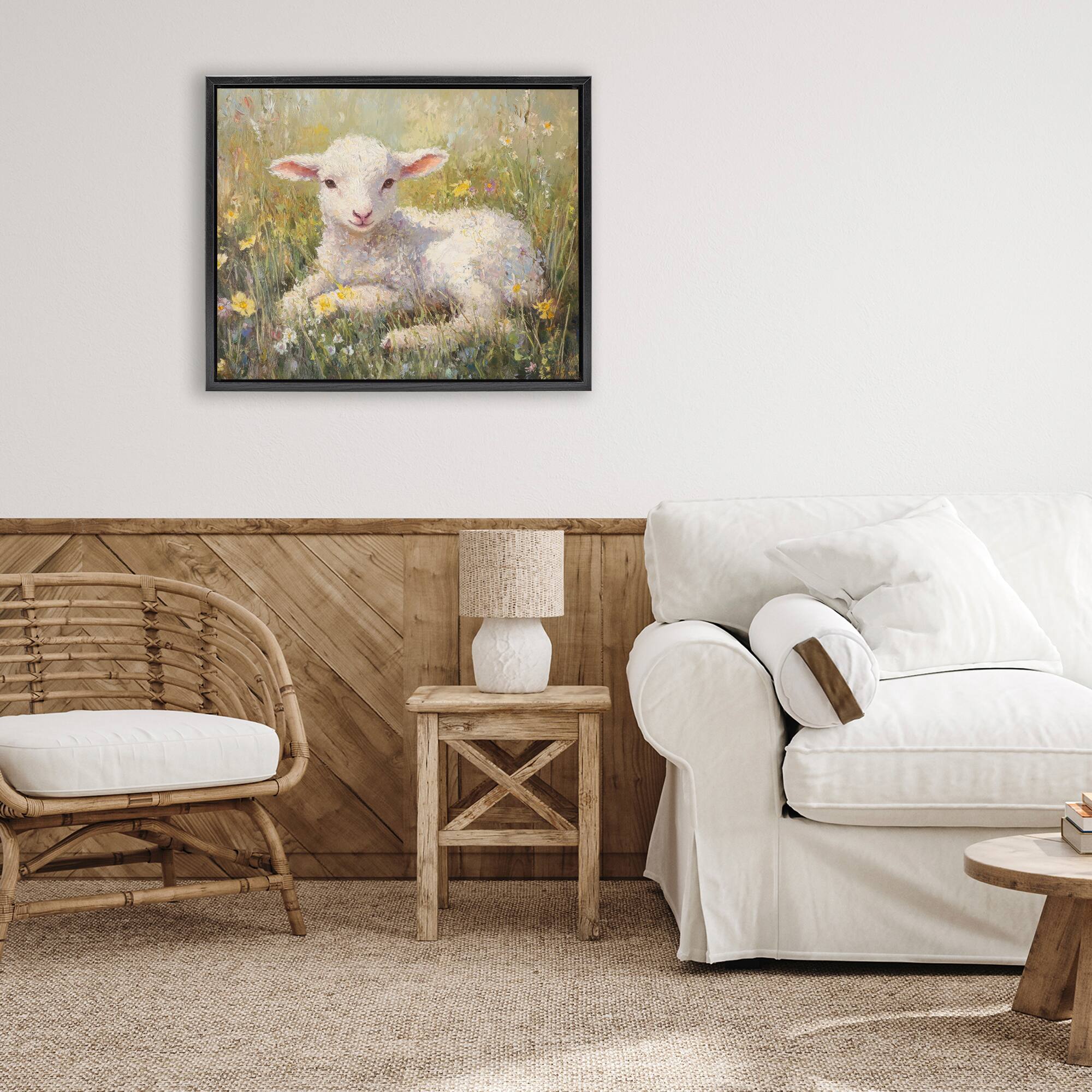 Stupell Industries Sunlight Lamb in Flowers Floating Frame Wall Art
