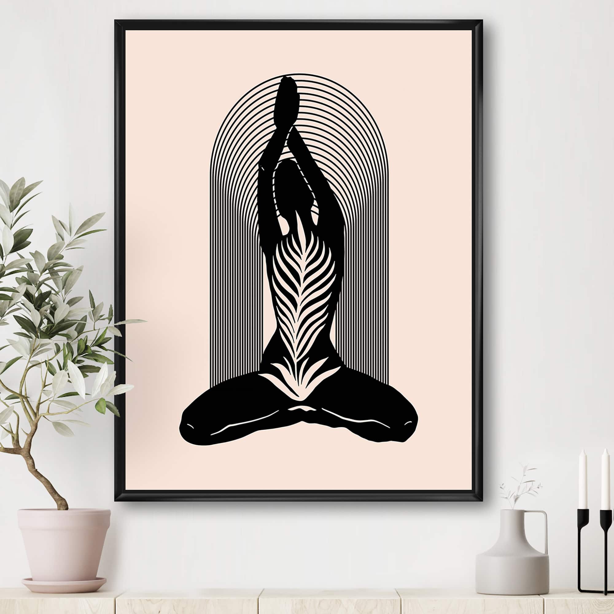 Designart - Empowered Cosmic Women Geometric Goddess Series Black And White II - Modern Canvas Wall Art Print in Black Frame