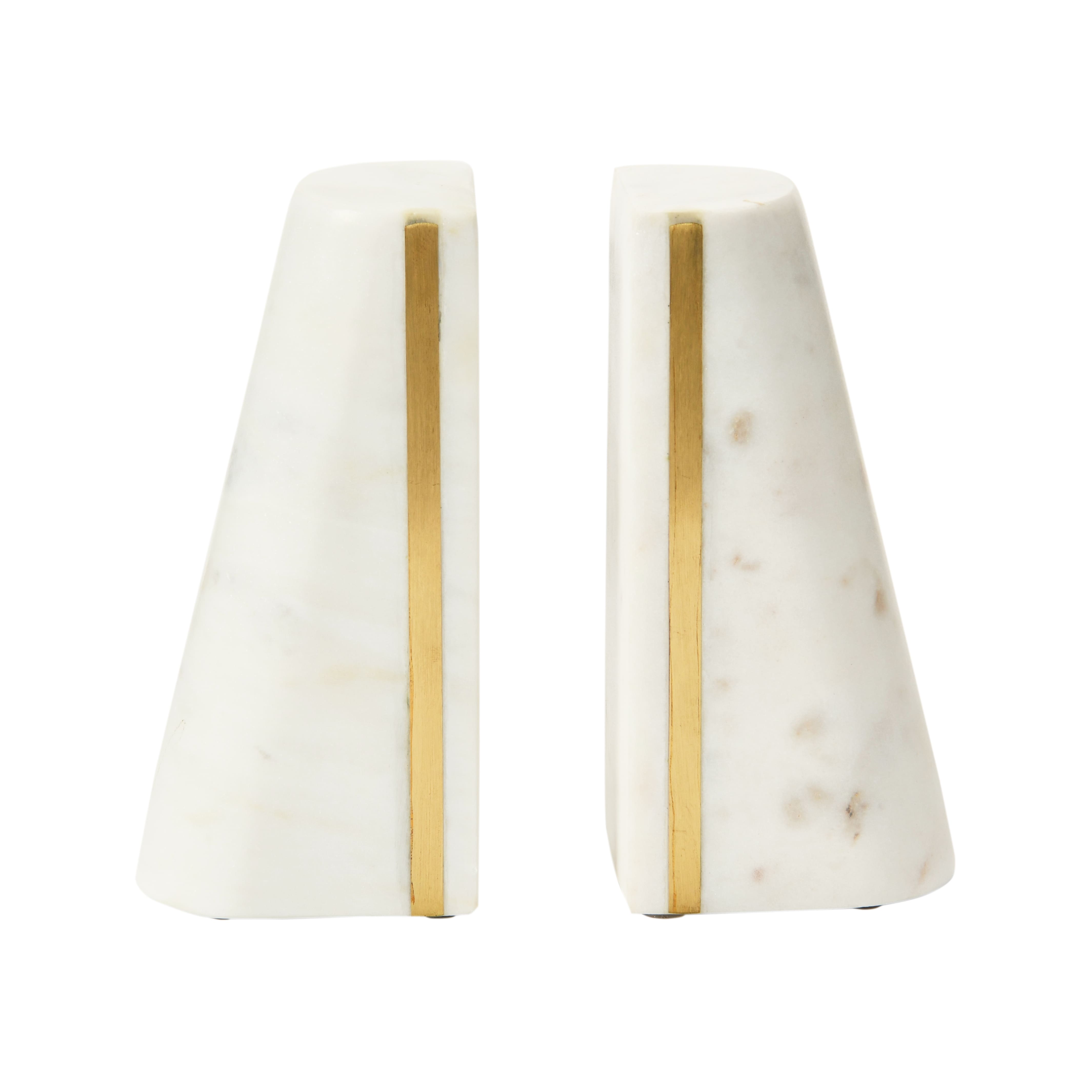 Hello Honey® 6" White Geometric Marble Bookends with Brass Inlay, 2ct.