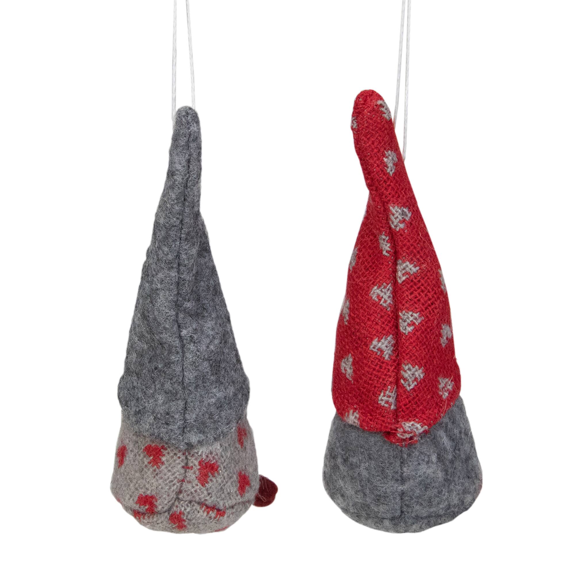 Santa Gnomes Christmas Ornaments - 4.25" - Gray and Red - Set of 2