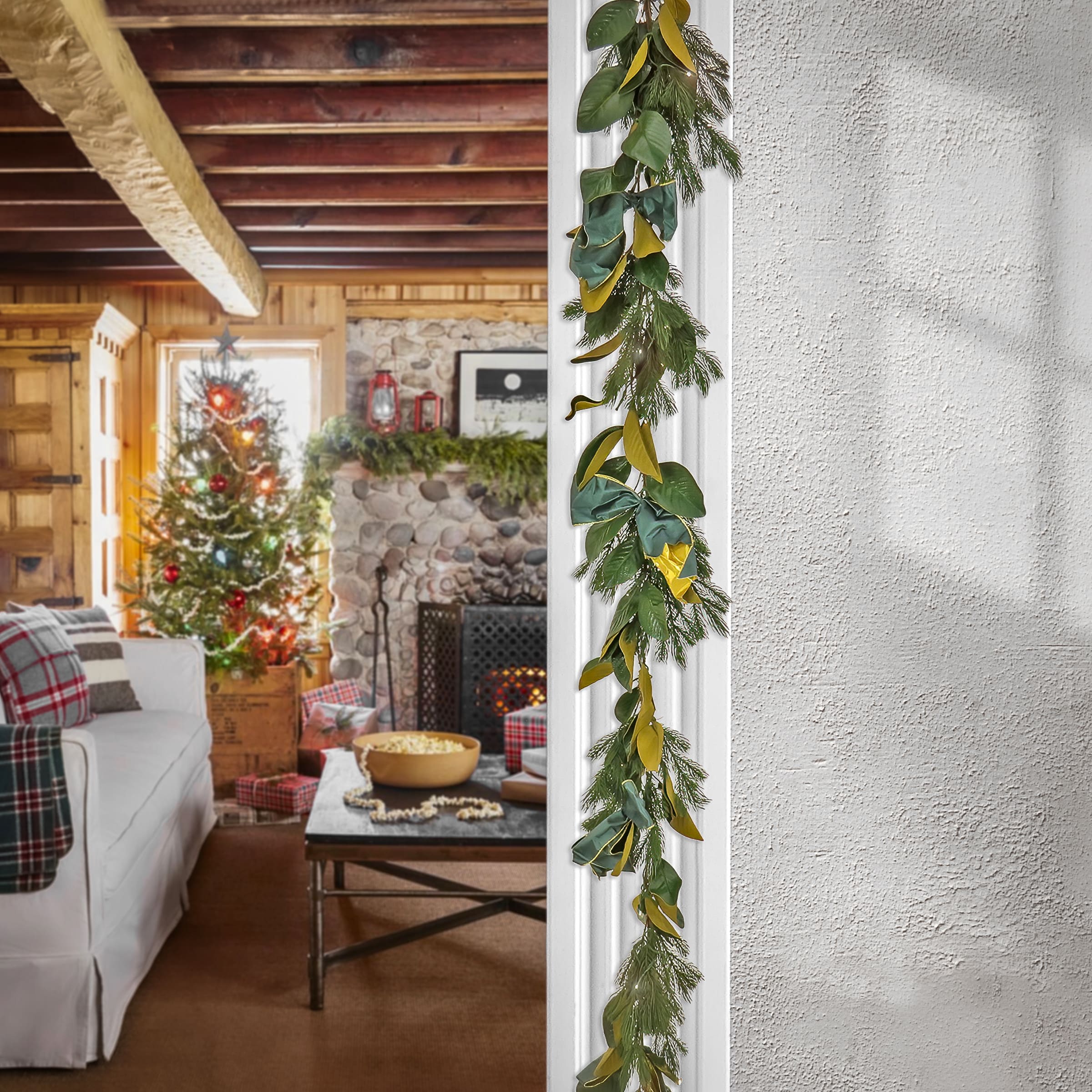 9" Christmas Magnolia Mix Pine Garland with Fabric Bow, Warm White LED Lights