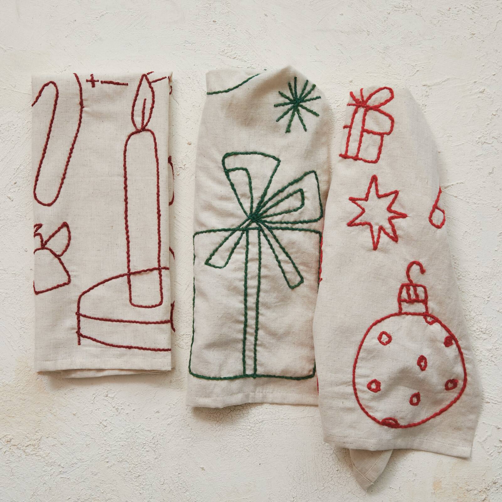 Hello Honey® Embroidered Holiday Icon Woven Cotton & Linen Tea Towel Set