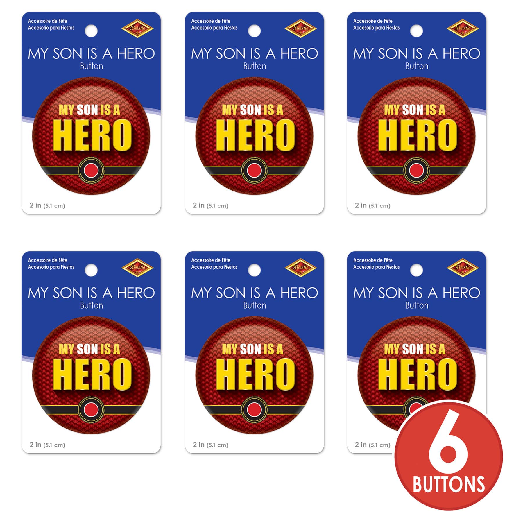 Beistle 2" Red & Yellow My Son Is A Hero Buttons, 6ct.
