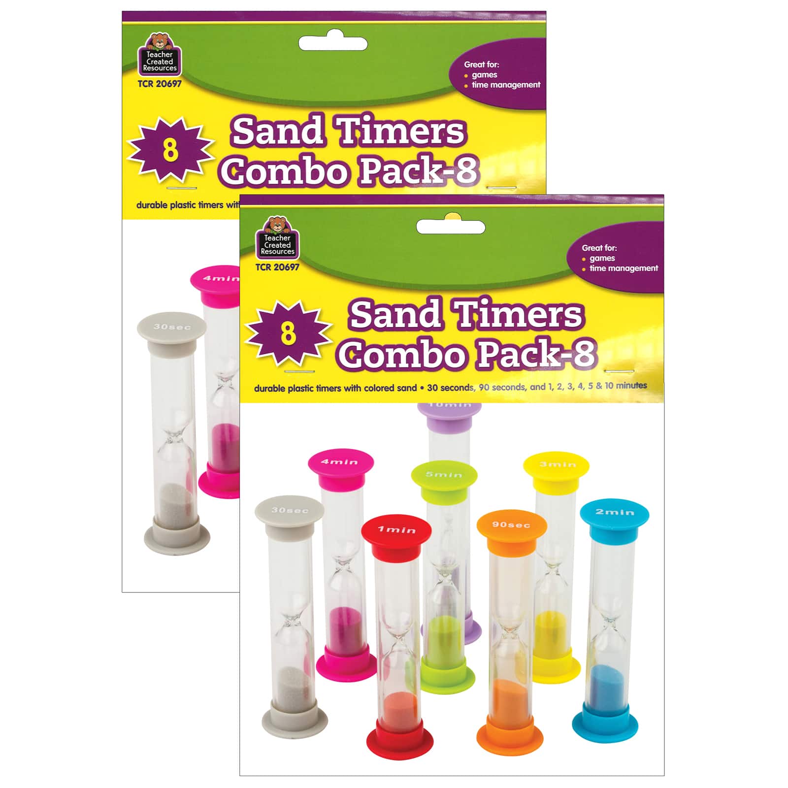 Teacher Created Resources® Multicolor Small Sand Timers Combo, Assorted Color & Times, 8 Per Pack, 2 Packs
