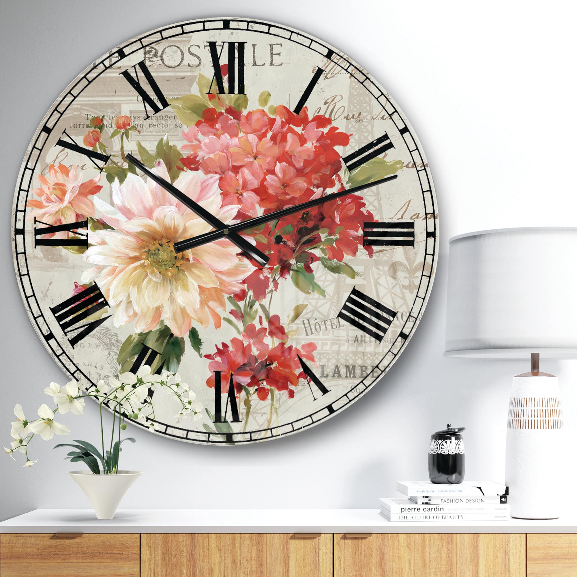 Designart Red Painted Flowers on Vintage Postcard III Farmhouse Wall Clock